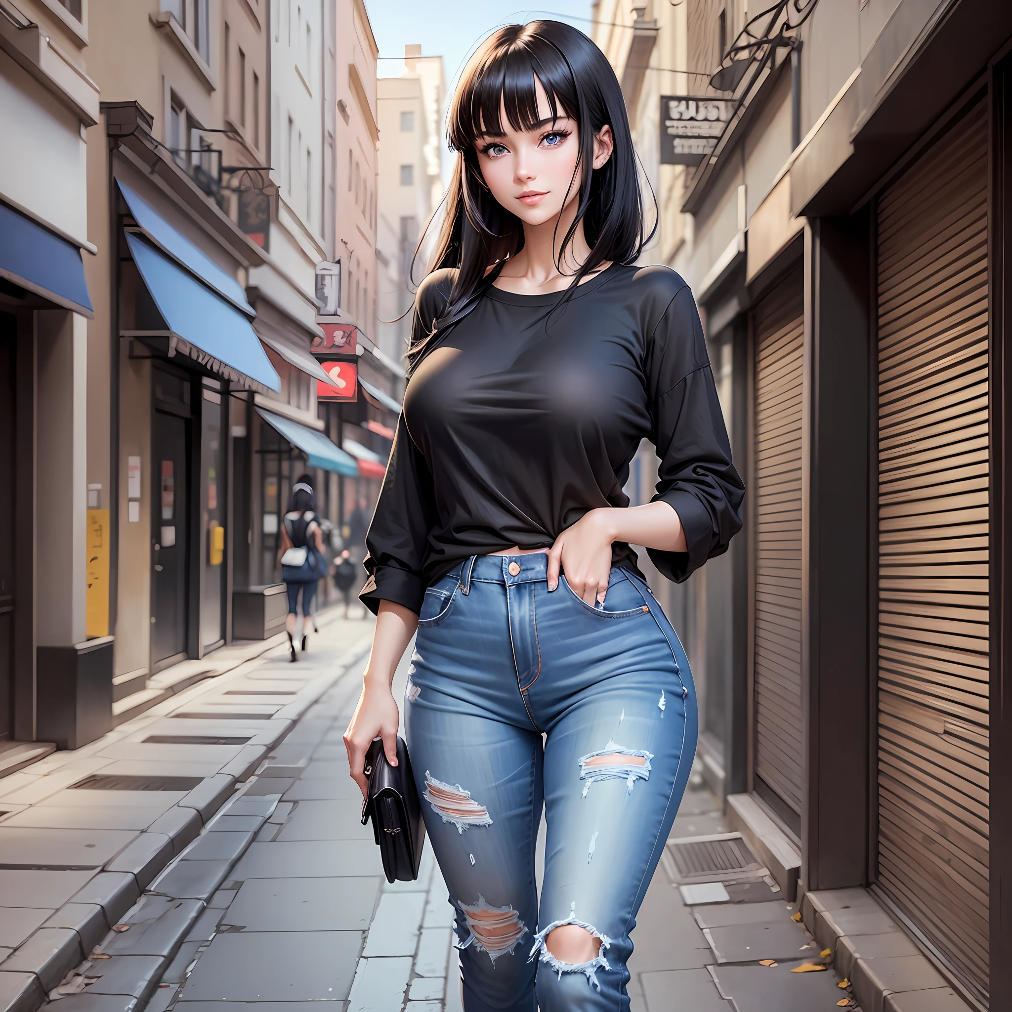 Anime style image of a woman (walking down the street) with hair, straight black, large and with bangs.blue eyes, fair skin, delicate appearance, smiling, reddened lips, large breasts, thin waist, big ass and wearing a black t-shirt and a pair of jeans. Full body --auto --s2