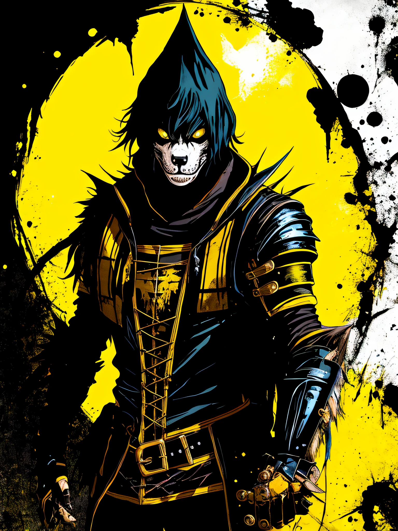 yellow and black, a medieval Werewolf, in the style of Mork Borg, strong contrast, grunge dirty punk splash art, zine black metal