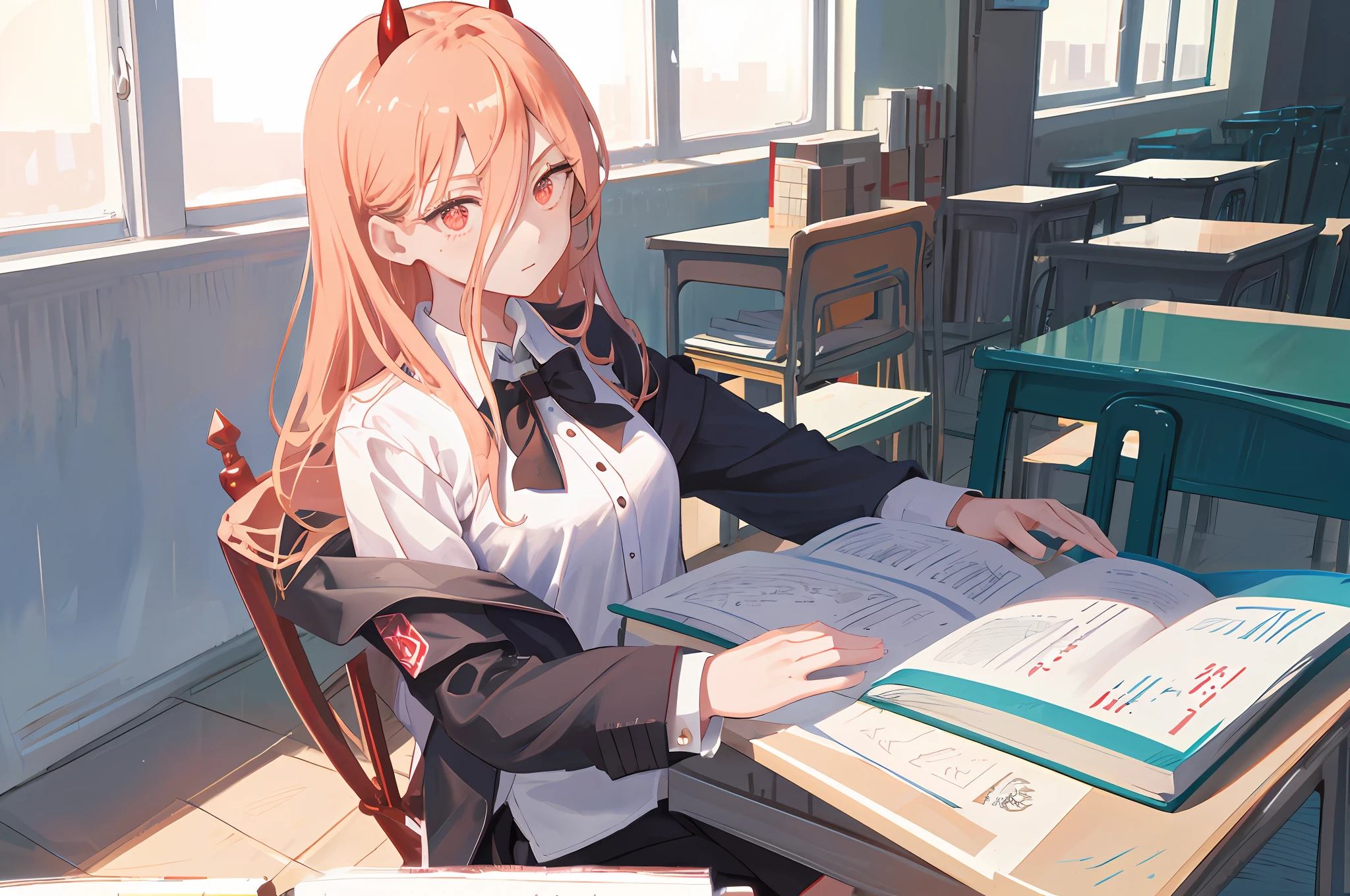 Masterpiece, Best Quality, (1 Girl, Solo Show), Power, White Shirt, Classroom, Devil's Corner, Red Eyes, Black Tie, Black Suit Jacket, Desk Stacked with Books, More Details