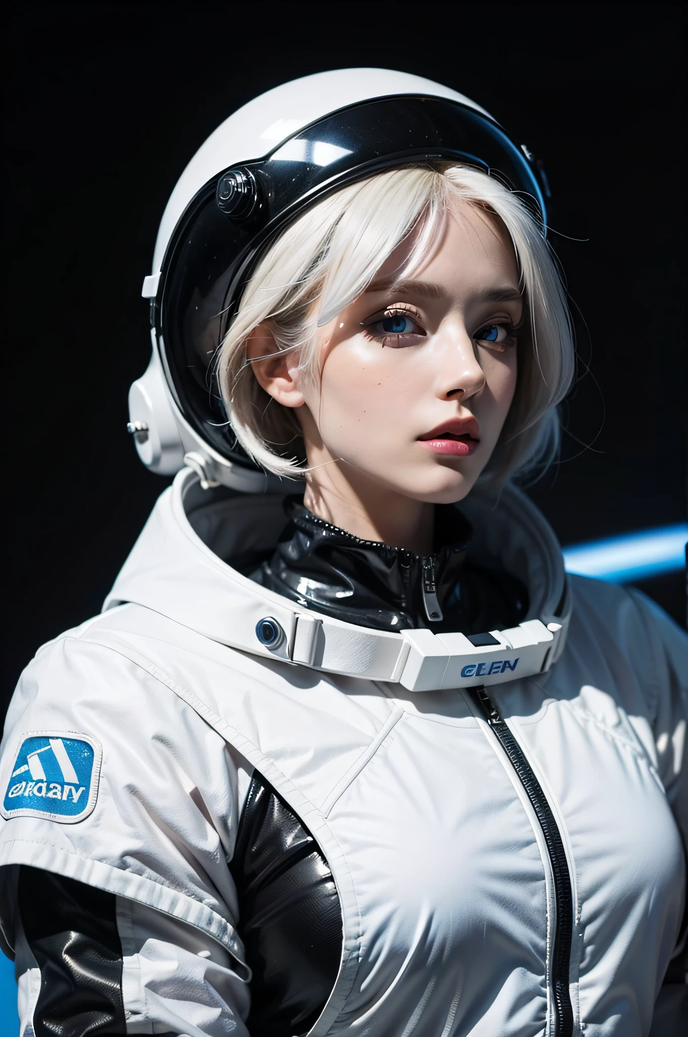 Woman with ,golden white hair,Blue eyes,,,black spacesuit