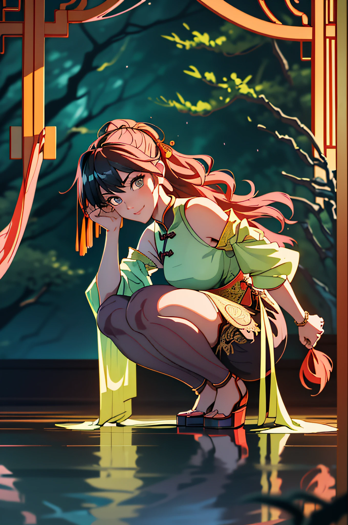 Unparalleled masterpiece, ultra-realistic 8k CG, perfect artwork, (((Perfect female figure)),, (Chinese dress)), Thin waist, Chinese god, ((bent forward and bent over)), ((crotch open)), (Underwear visible), Seductive posture, Sexy pose, attractive, clean, beautiful face, pure face, thin skin, ridiculously long hair, goddess, shiny skin, Skindentation, Delicate Patterns, Intricate Details, (Rich: 1.4), Fantasy, God, Clean, Rich, Prestige, Fantastic, Best, Vertex, Paramount, Goddess, Lace, Lace Trim, Delicate Pattern, Shiny Skin, Gold, Royal, Queen, Supernatural, Phenomenal, Wonderful, Spotlight, Highly Detailed Face, Super idol face, messy hair, perfect lighting, (more light), (((very delicate and beautiful)), dramatic_shadow, ray_tracing, seductive smile, ((squatting, full body, looking at the viewer, heel of the strap, POV)), ancient chinese background, chinese pattern, shawl, feather robe, hanf, detailed clothes, chinese pattern dress, (indoor + dark atmosphere +Chinese courtyard + pond + pavilion + peace + bridge + tree),