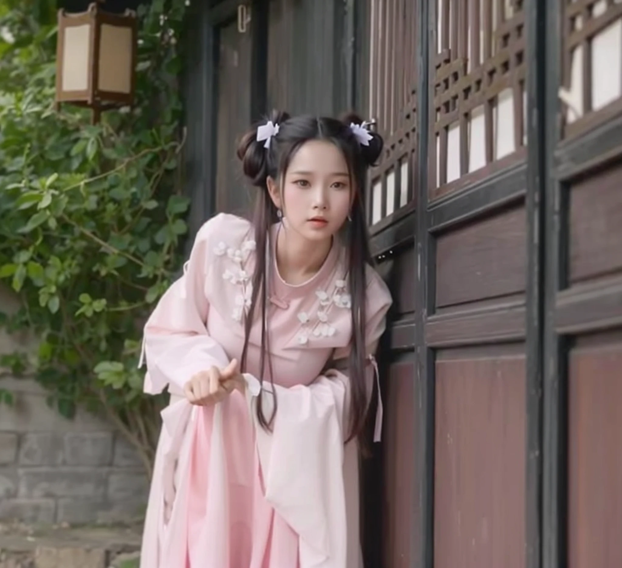 a woman in a pink dress leaning against a wall, palace ， a girl in hanfu, wearing ancient chinese clothes, with acient chinese clothes, hanfu, chinese costume, inspired by Gu An, inspired by Qiu Ying, white hanfu, inspired by Huang Ji, inspired by Hua Yan, inspired by Tang Yifen, traditional chinese clothing, chinese princess
