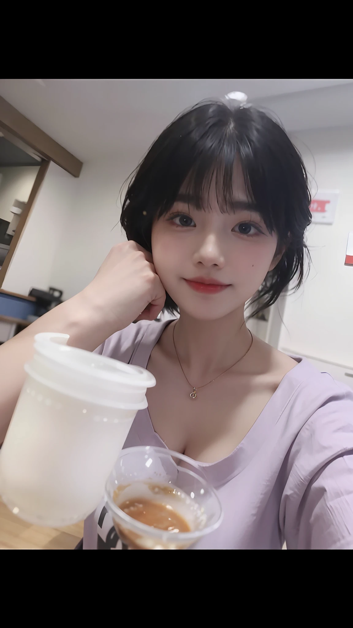 There is a woman sitting at the table drinking coffee, Ruan Mengmeng vtuber, Dang Meilin, high quality, Lalisa Manobal, Gongbi, she has a cute face, TikTok video, Yunling, Chen Xintong, she expresses joy, Ruan Jia is beautiful! , very low quality, popular in CGSTATION