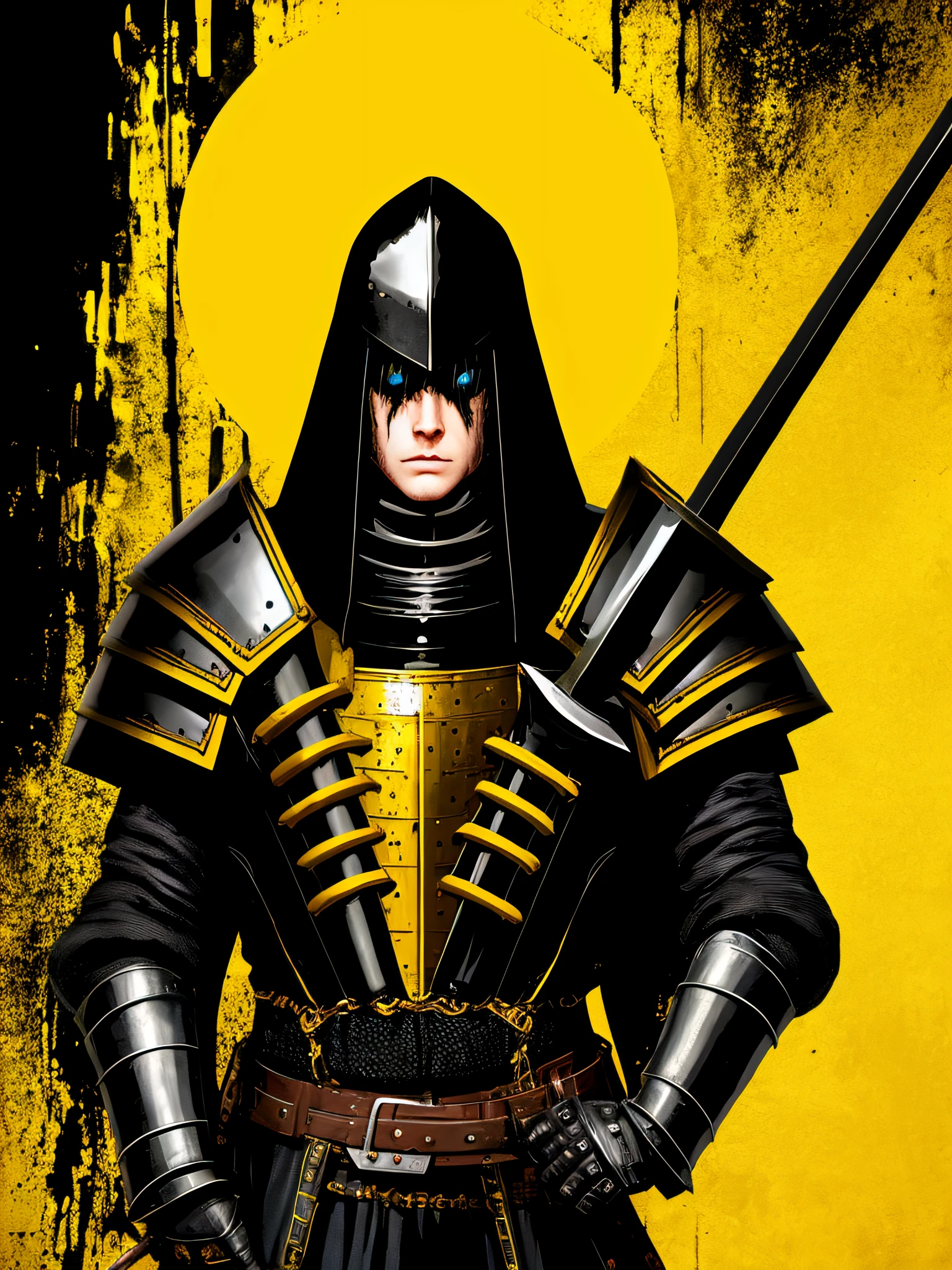 yellow and black, a medieval blonde man black knight with a big sword, in the style of Mork Borg, strong contrast, grunge dirty punk splash art, zine black metal