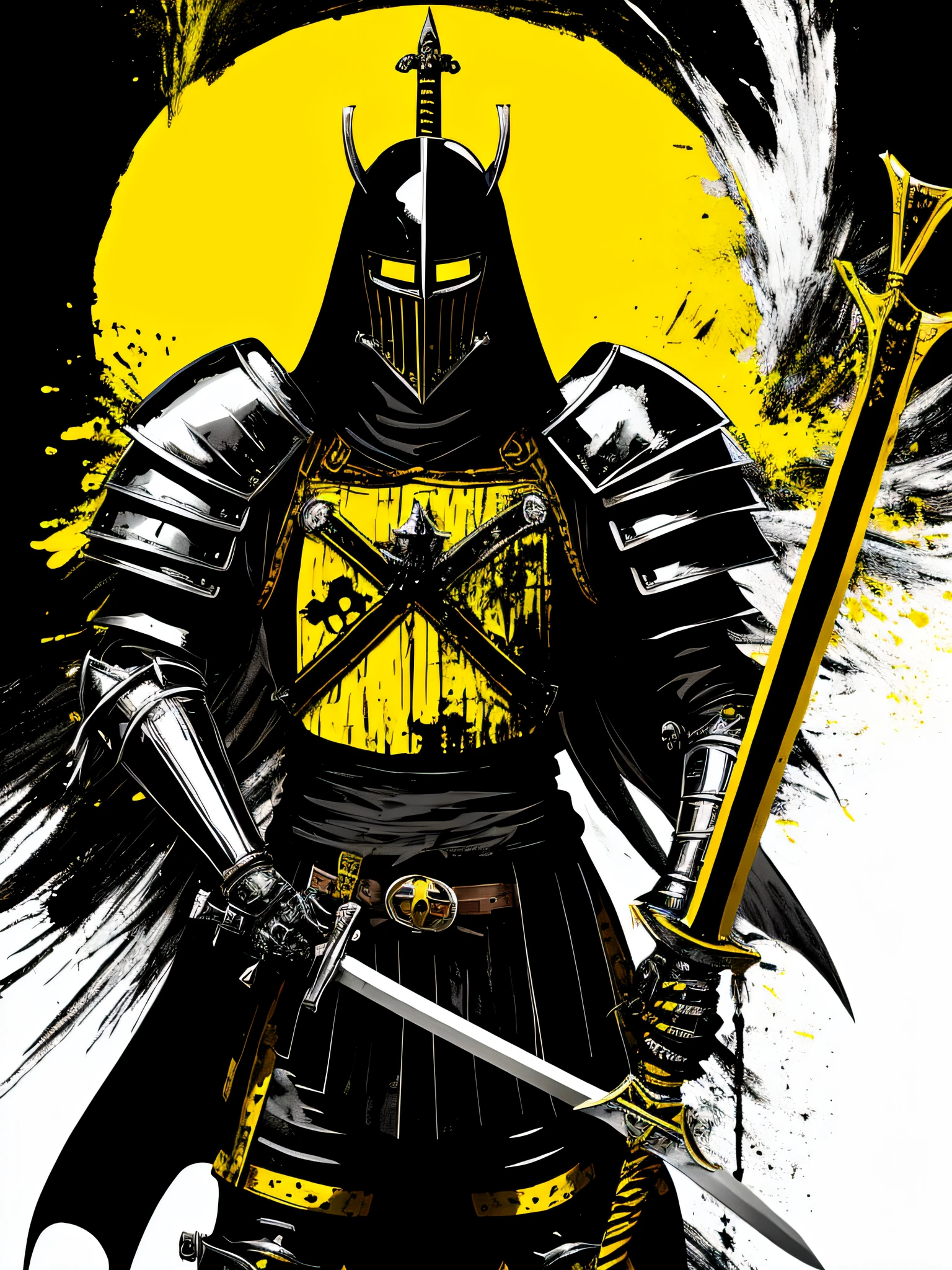 yellow and black, (black and white medieval black knight with a big sword), in the style of Mork Borg, strong contrast, grunge dirty punk splash art, zine black metal