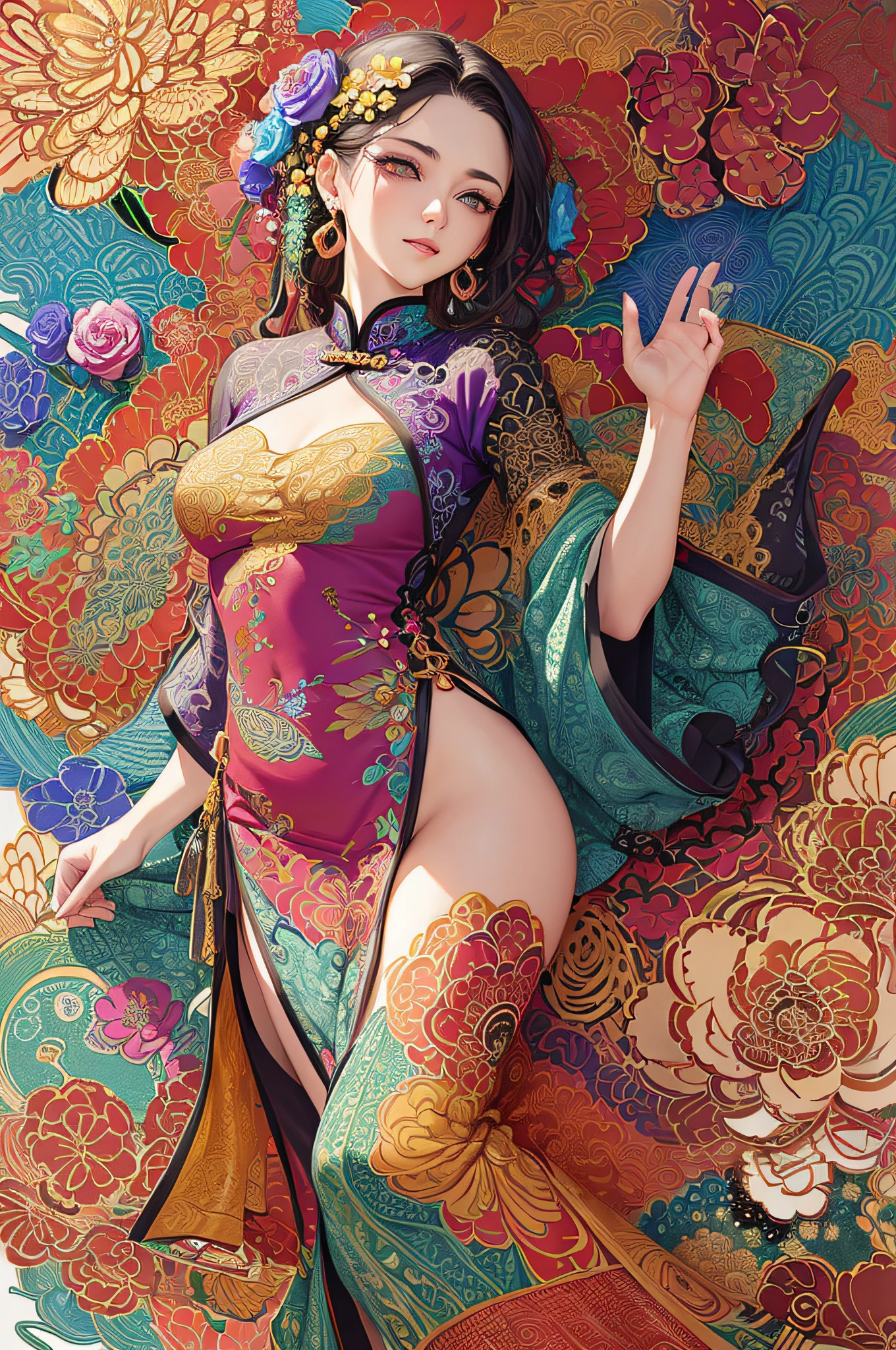 (masterpiece, top quality, best quality, official art, beautiful and aesthetic:1.2), (1girl:1.3), extremely detailed,(fractal art:1.1),(colorful:1.1)(flowers:1.3),highest detailed,(zentangle:1.2), (dynamic pose), (abstract background:1.3), (chinese Traditional cloth:1.2), (shiny skin), (many colors:1.4), ,(earrings:1.4),