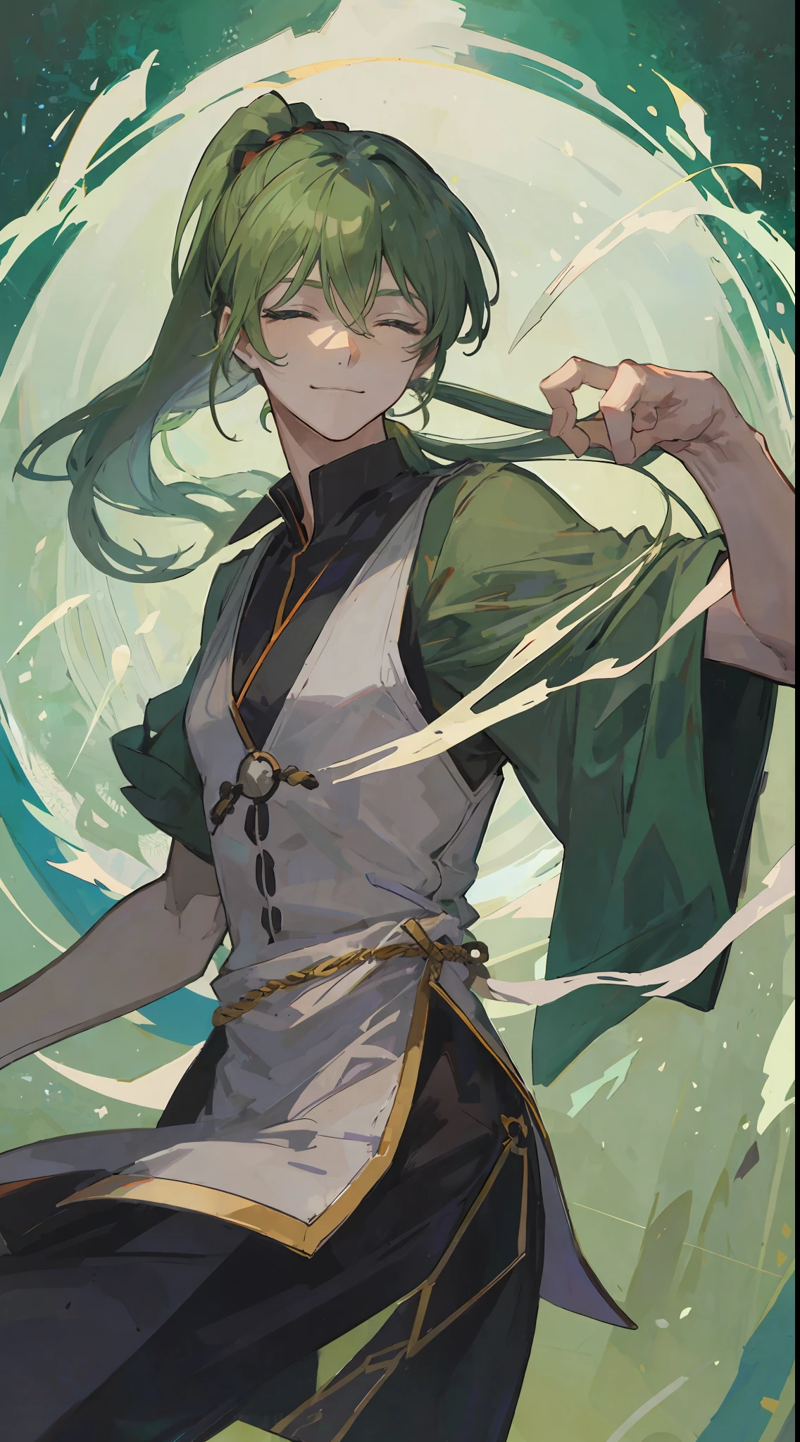 1Man, Green long ponytail hair, closed eyes with suspicious smile, make it like tarot anime-style but no frame