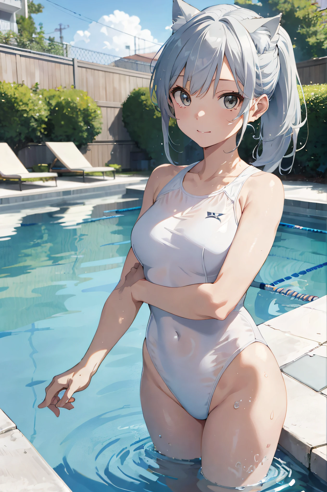 Beautiful, Masterpiece, Best Quality, Hiqcgbody, Anime, 1girl, Medium, Olympic Swimmer, Clear Transparent White Swimsuit, Portrait Shot, View Viewers, Partially Submerged, Outdoor Pool, (Silver Hair),(Cat Ears),Ponytail,Wet Skin, Intricate Details,>,(((Covered)