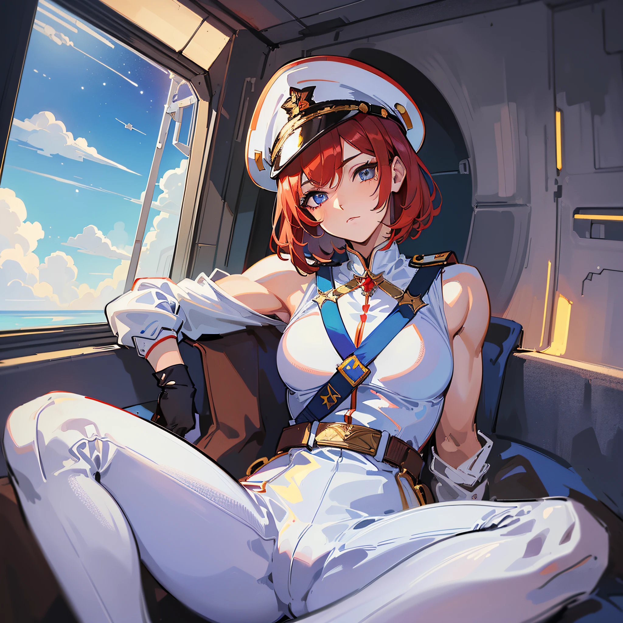 ((Masterpiece)), ((highest image quality)), ((highest image quality)), (illustration of one girl), full body, short red hair, (thin hair hanging down both sides of the face), blue eyes, ((tall)), ((muscular strong body)), (((manspreading)), (military uniform)), ((military hat)), (white clothes), (white pants), (white hat), ((inside a spaceship)), (outside the window, space, Earth seen from space)