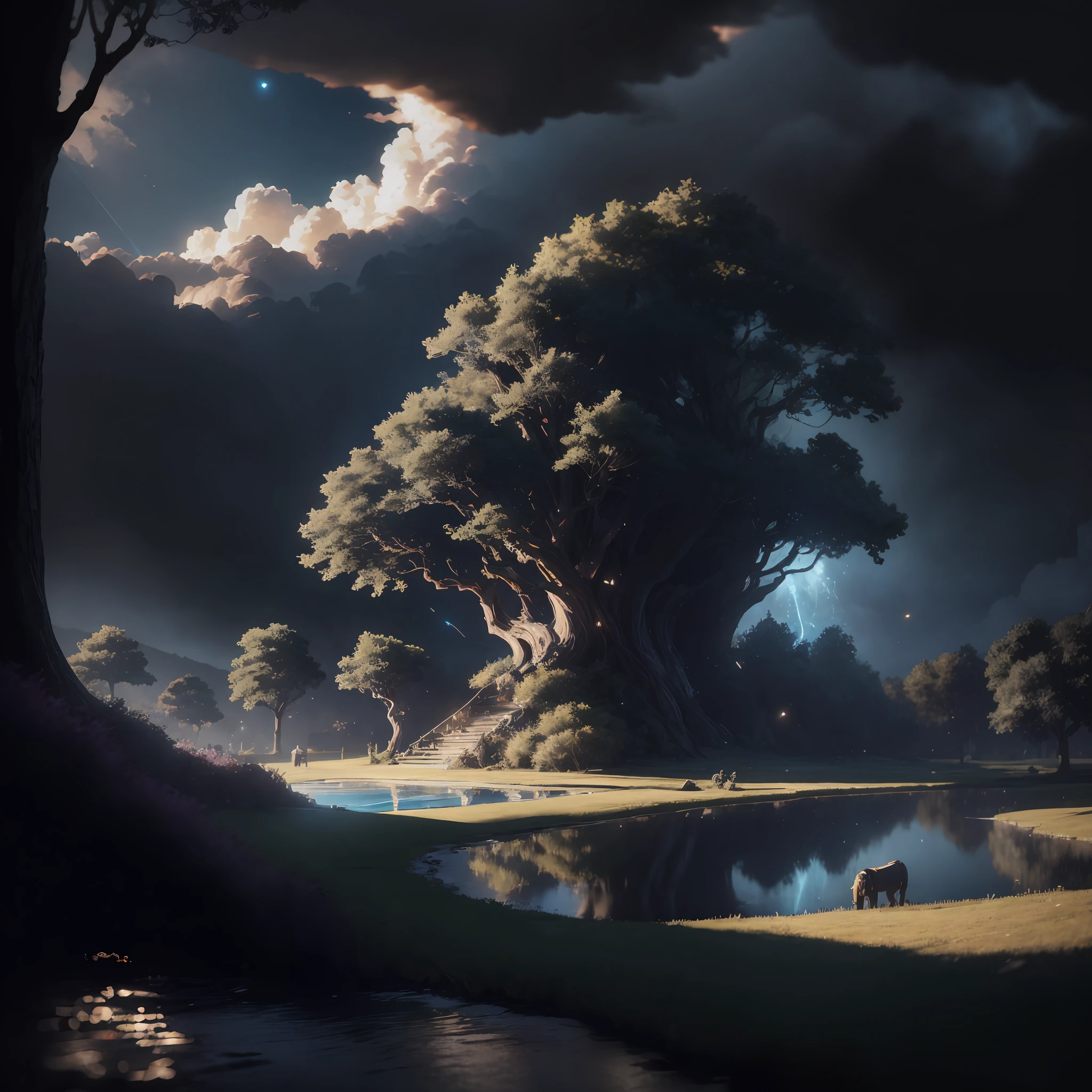 Masterpiece, best quality, (very detailed CG unity 8k wallpaper), (best quality), (best illustration), (best shadows), glow sprite, with a glowing deer, in the swimming pool Drinking water, natural elements in the forest theme. Mysterious forest, beautiful forest, nature, surrounded by flowers, delicate leaves and branches surrounded by fireflies (natural elements), (jungle theme), (leaves), (twigs), (fireflies), (particle effects) etc. 3D , Octane rendering, ray tracing, super detailedSky, Clouds, holding_weapon, no_humans, Glow, giant mechanical _ trees , city with tall trees _Architecture, “sky, cloud, glowing, big trees ,comunity,joy, ghost elephants, robot, cybernetic _trees, tree_mech, sci-fi, cityscape, realistic, mechanical” Science Fiction, Cities, Rendered in Octane, hyper realistic, 8k, epic composition, cinematic, octane render, artstation landscape vista photography by Carr Clifton & Galen Rowell, 16K resolution, Landscape veduta photo by Dustin Lefevre & tdraw, 8k resolution, detailed landscape painting by Ivan Shishkin, DeviantArt, Flickr, rendered in Enscape, Miyazaki, Nausicaa Ghibli, Breath of The Wild,,trending in artstation, cgsociety, 8k post-processing highly detailed,Junji Murakami, Mucha Klimt, Sharandula, Hiroshi Yoshida, Tom Bagshaw, Ross Tran, Artgerm,Craig Mullins,dramatic,Junji Murakami, moody lighting rendered by octane engine,characters 8K symmetrical arstation, cape,cinematic lighting, intricate details, 8k detail post processing, hyperealistic, octane rend, Zdzisław Beksiński style, ar 2:3 Reality Reality –auto –v6 –s2Finetuned Model Leon --auto --s2