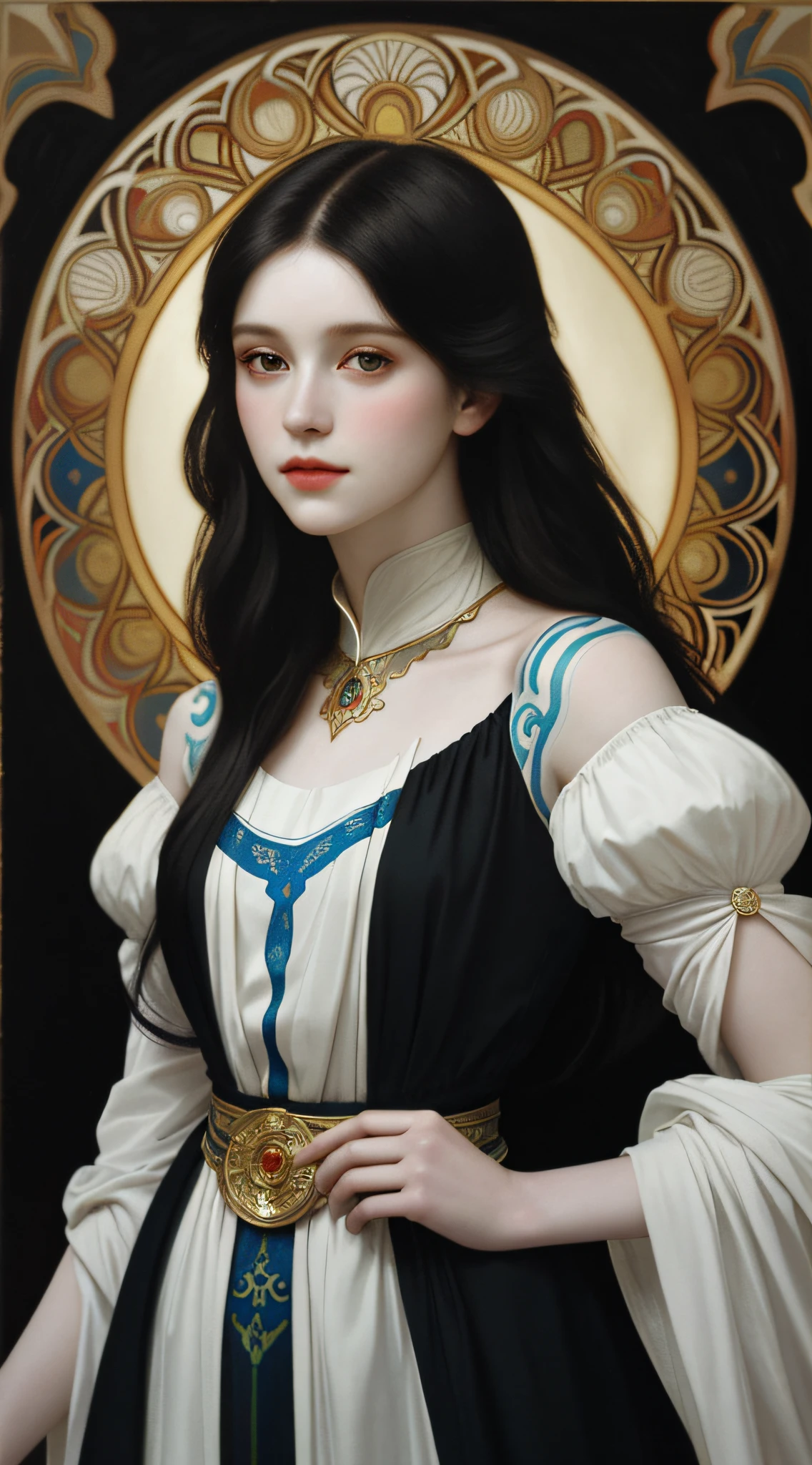 masterpiece, oil painting style, abstract, vibrant colors, bright eyes, pale skin, (((elegant woman upper body art))), gorgeous, black hair, detailed face, backlight effect, abstract Glass broked details, golden ratio, intricate, ((minimalist black background)), soft light, soft shadows, 12k resolution, best quality, high detailed, UHD, cinematic production, black background, painting by Alphonse Mucha