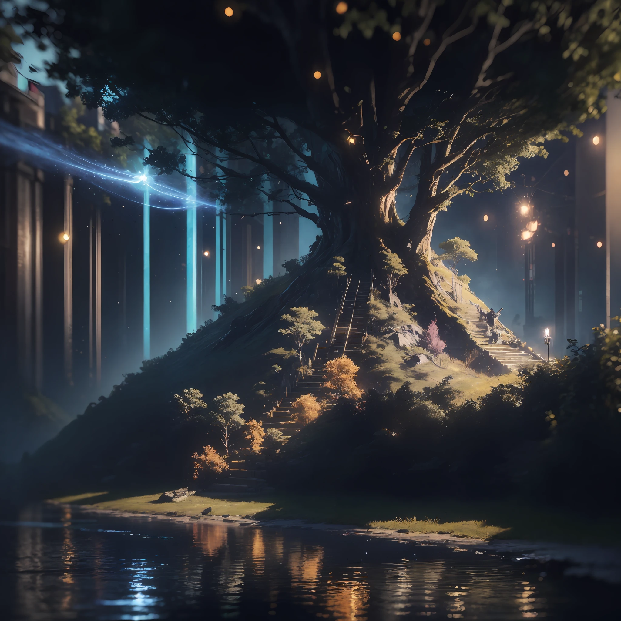 Masterpiece, best quality, (very detailed CG unity 8k wallpaper), (best quality), (best illustration), (best shadows), glow sprite, with a glowing deer, in the swimming pool Drinking water, natural elements in the forest theme. Mysterious forest, beautiful forest, nature, surrounded by flowers, delicate leaves and branches surrounded by fireflies (natural elements), (jungle theme), (leaves), (twigs), (fireflies), (particle effects) etc. 3D , Octane rendering, ray tracing, super detailedSky, Clouds, holding_weapon, no_humans, Glow, giant mechanical _ trees , city with tall trees _Architecture, “sky, cloud, glowing, big trees ,comunity,joy, ghost elephants, robot, cybernetic _trees, tree_mech, sci-fi, cityscape, realistic, mechanical” Science Fiction, Cities, Rendered in Octane, hyper realistic, 8k, epic composition, cinematic, octane render, artstation landscape vista photography by Carr Clifton & Galen Rowell, 16K resolution, Landscape veduta photo by Dustin Lefevre & tdraw, 8k resolution, detailed landscape painting by Ivan Shishkin, DeviantArt, Flickr, rendered in Enscape, Miyazaki, Nausicaa Ghibli, Breath of The Wild,,trending in artstation, cgsociety, 8k post-processing highly detailed,Junji Murakami, Mucha Klimt, Sharandula, Hiroshi Yoshida, Tom Bagshaw, Ross Tran, Artgerm,Craig Mullins,dramatic,Junji Murakami, moody lighting rendered by octane engine,characters 8K symmetrical arstation, cape,cinematic lighting, intricate details, 8k detail post processing, hyperealistic, octane rend, Zdzisław Beksiński style, ar 2:3 Reality Reality –auto –v6 –s2Finetuned Model Leon --auto --s2