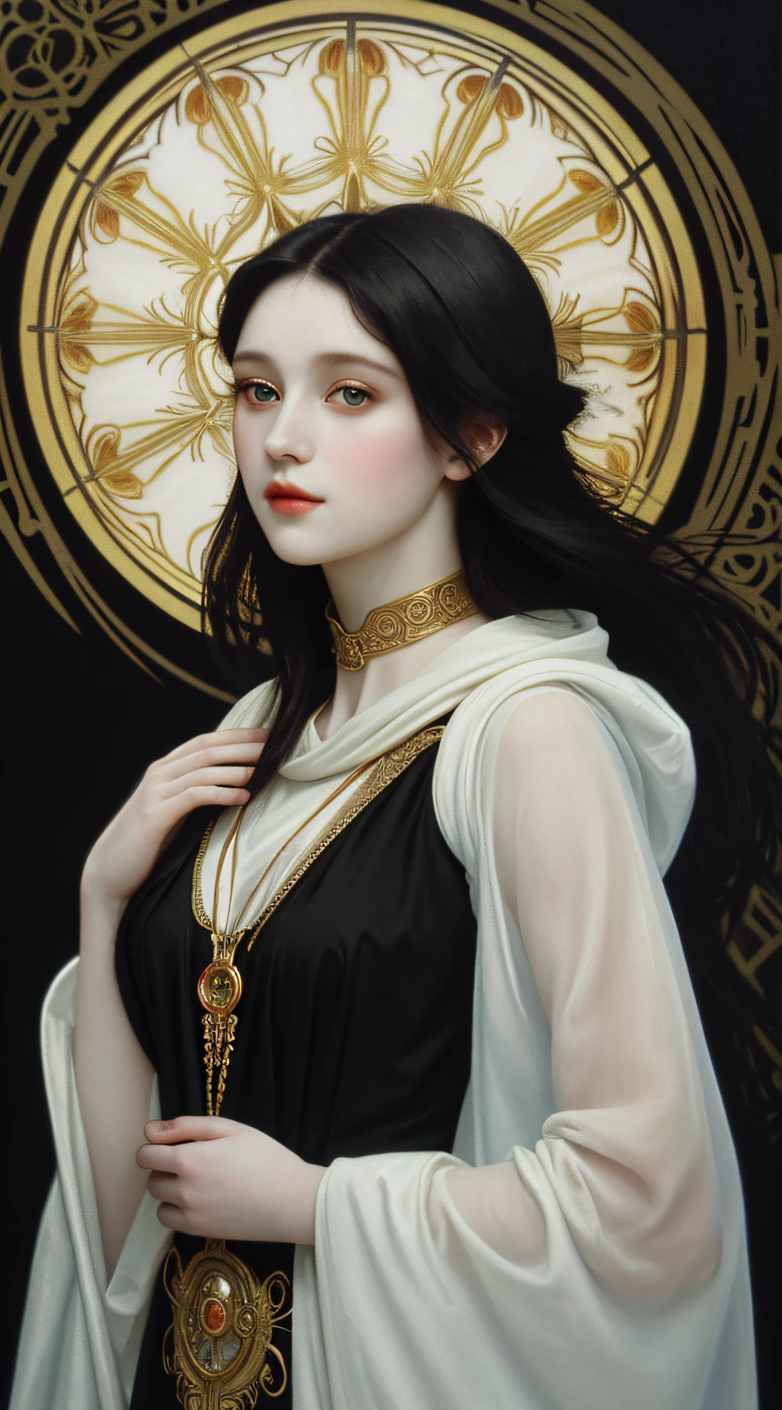 masterpiece, oil painting style, abstract, vibrant colors, bright eyes, pale skin, (((elegant woman upper body art))), gorgeous, black hair, detailed face, backlight effect, abstract Glass broked details, golden ratio, intricate, ((minimalist black background)), soft light, soft shadows, 12k resolution, best quality, high detailed, UHD, cinematic production, black background, painting by Alphonse Mucha