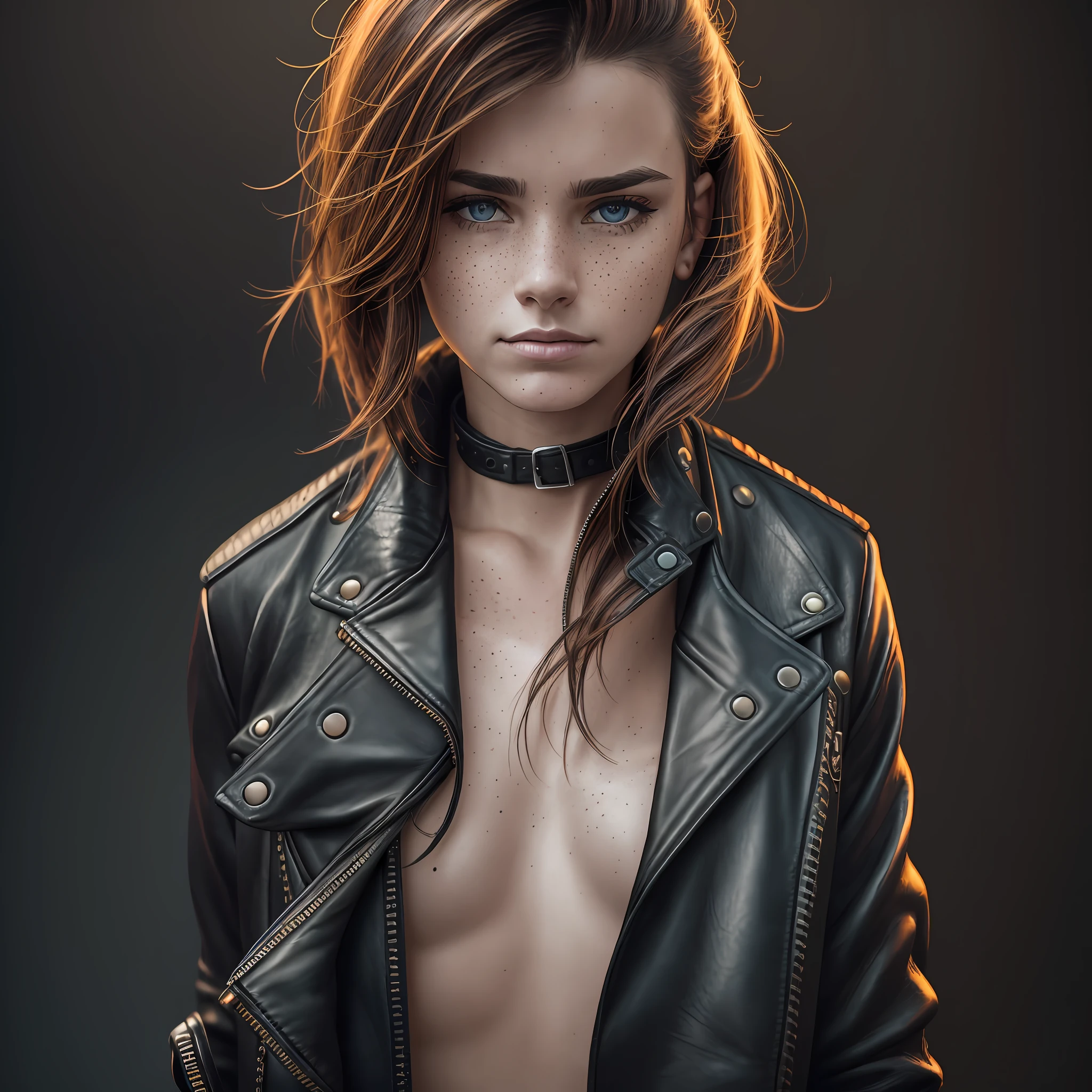 ((portrait shot)) a photo of a woman, Leather jacket, Neon collar, (face_freckles:1.1), crouching, 4k, high-res, masterpiece, best quality, (head:1.3), finely detailed skin --auto --s2