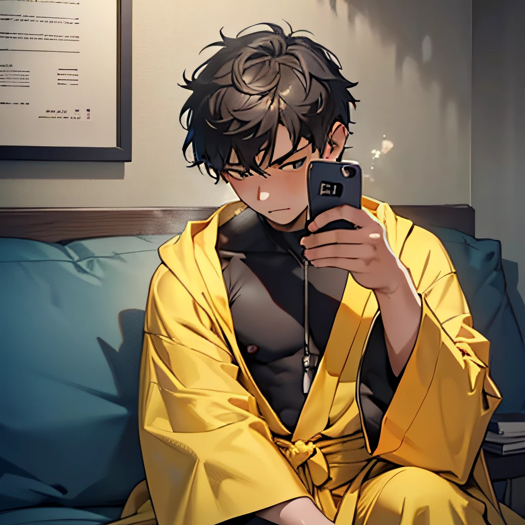 (1.4 for a 20-year-old boy with short hair in a yellow robe) (serious expression, sweating: 1.5) (sitting on the sofa in the bedroom: 1.6) (watching a video on a mobile phone: 1.5) (upper body display: 1.4)