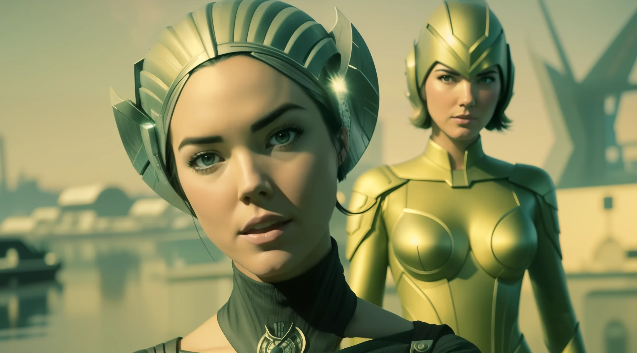 a couple of women (Odette Annable) standing next to each other, a comic book panel by Richard Mortensen, trending on cg society, retrofuturism, reimagined by industrial light and magic, #vfxfriday, sci-fi