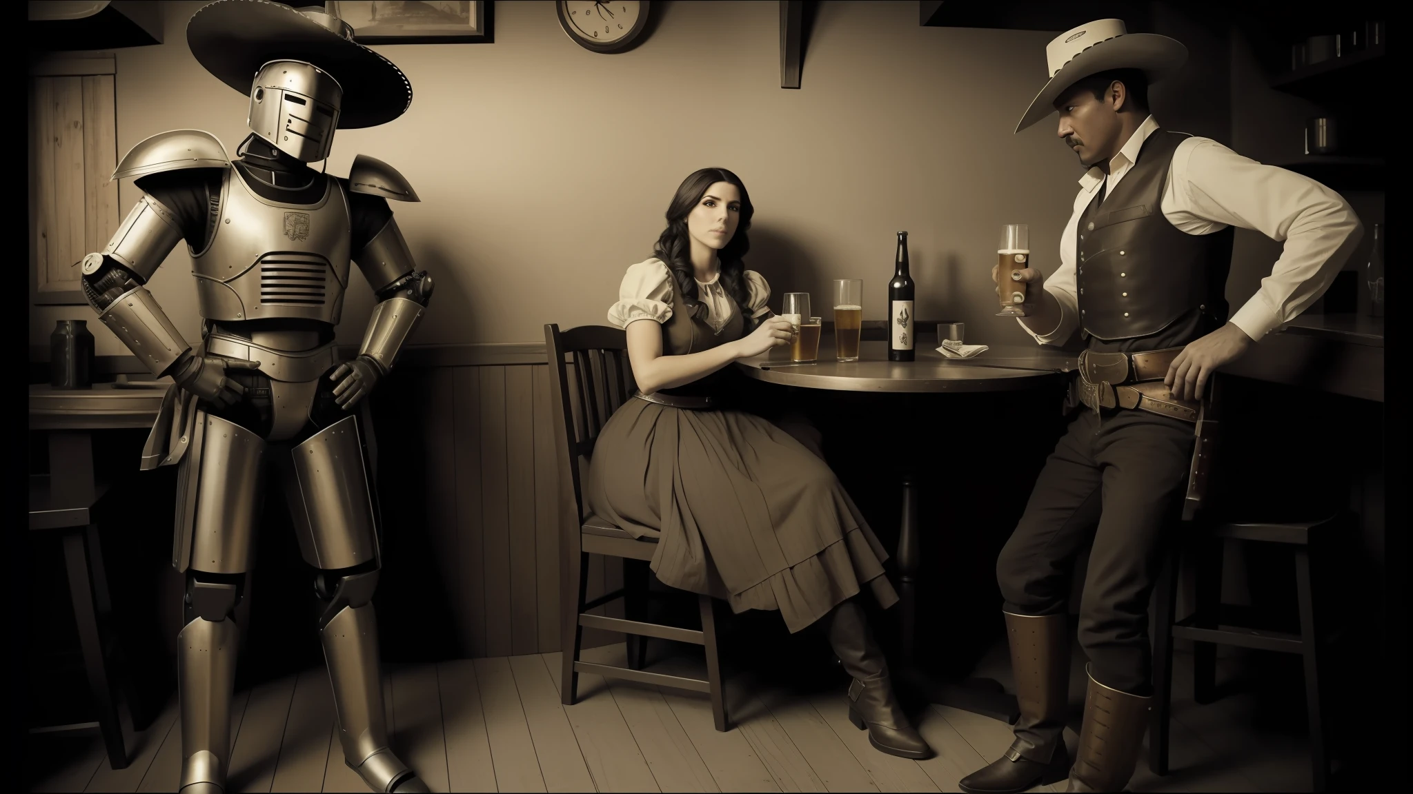 there are two people that are sitting at a table with a robot, in the old west, posing in disguise among humans, cgi 8k, black and white photography, video still, pistols, mexican warrior, knight drinks beer, the man stands out on the image, keyframe, oldwest, national geographic quality, amouranth, by Laurie Lipton, promo photo