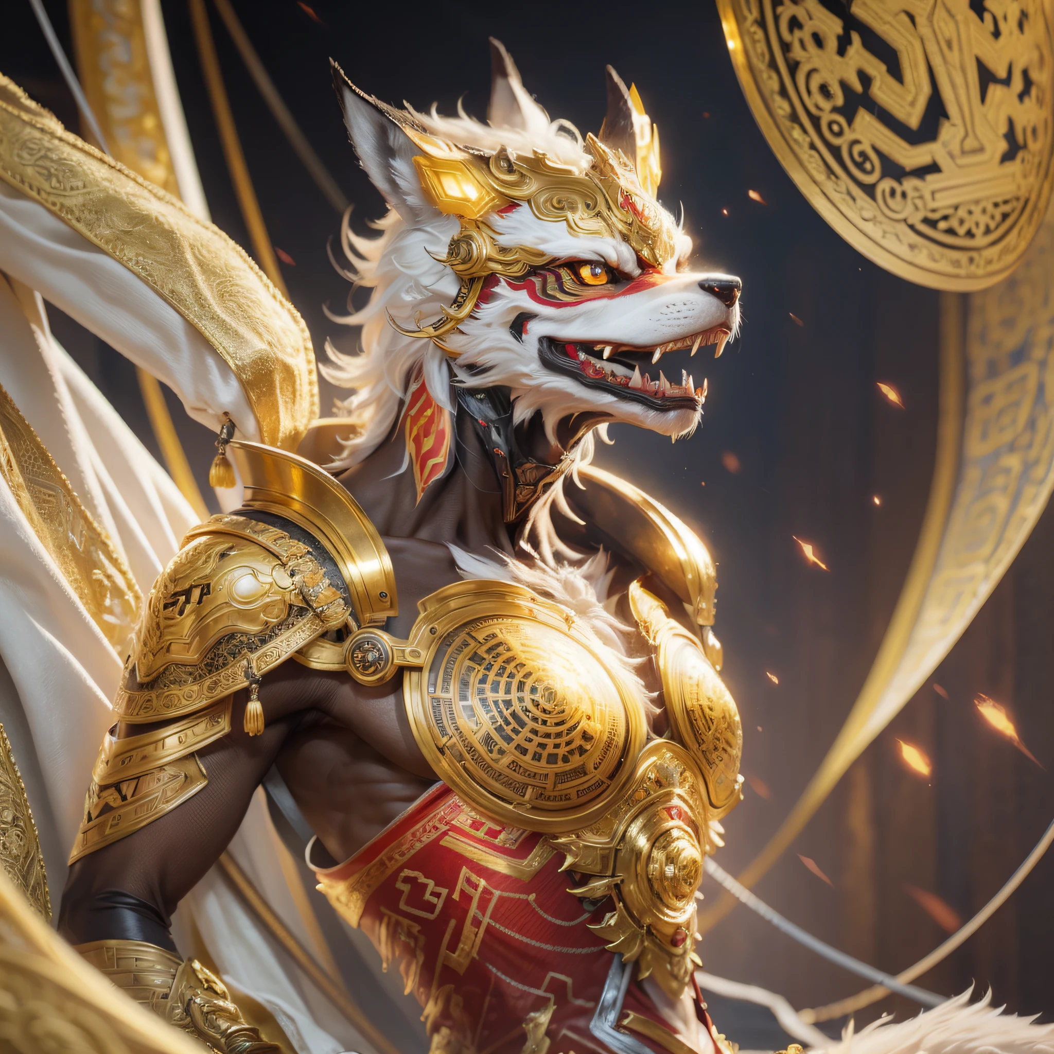 1mechanical man,ultra realisticdetails, portrait, octane render,8k, ultra sharp, intricate, illumination,, metal, chinese style, chinese dragon:09, egypician detail, highly intricate details, realistic light, shadows, ornaments detailed,Golden colors trending on cgsociety,glowing eyes, Mechanical Wolf Mask, Golden Armor, facing camera, neon details, machanical limbs,  vessels connected to tubes, mechanical vertebra attaching to back, mechanical cervial attaching to neck,sitting,wires and cables connecting to head --auto --s2