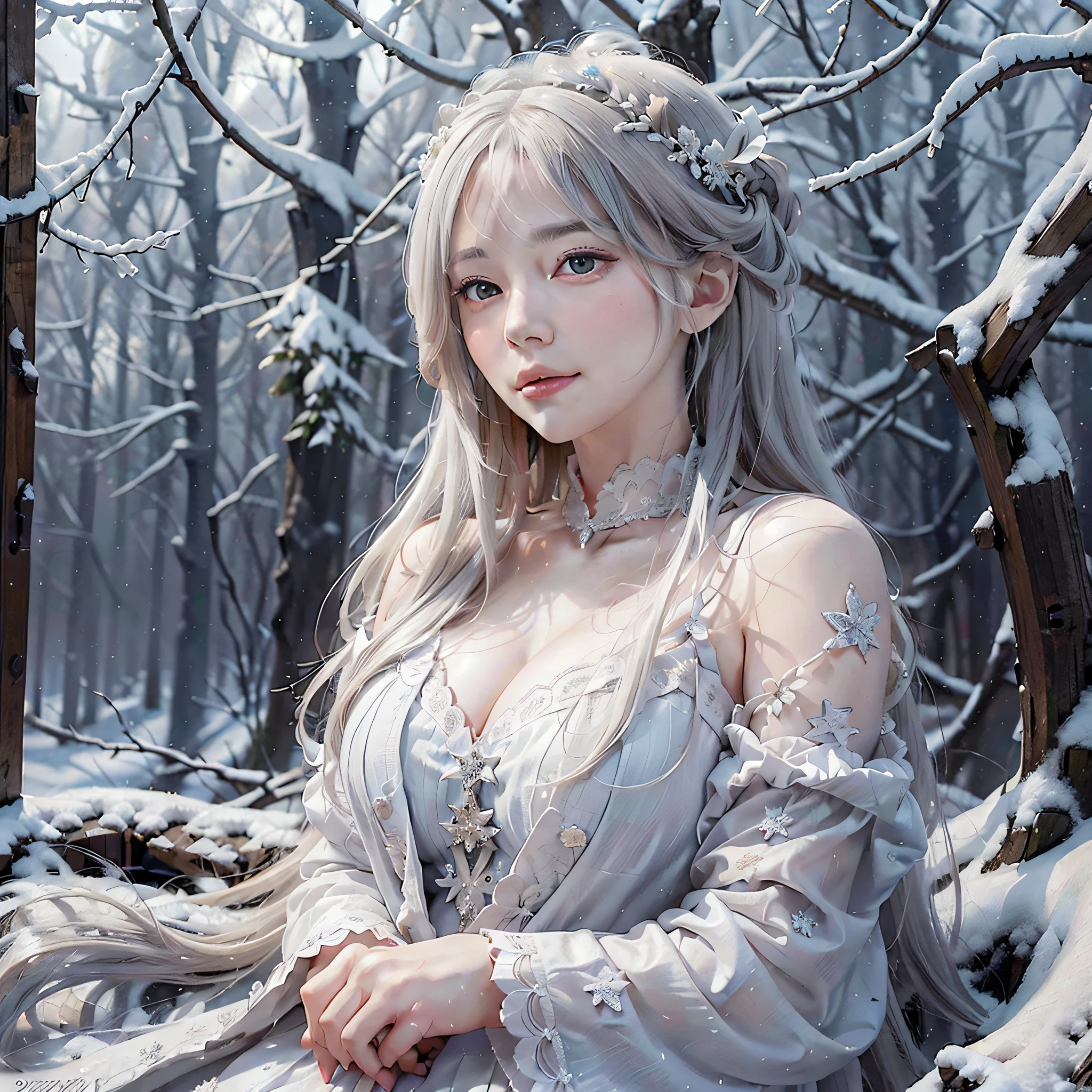 ((amazing illustration)), high quality, very detailed, a young girl with snow-white hair, an ethereal look, a delicate and beautiful face, a soft smile, delicate snowflakes falling all around her, a peaceful and snowy landscape in the background, a serene atmosphere.