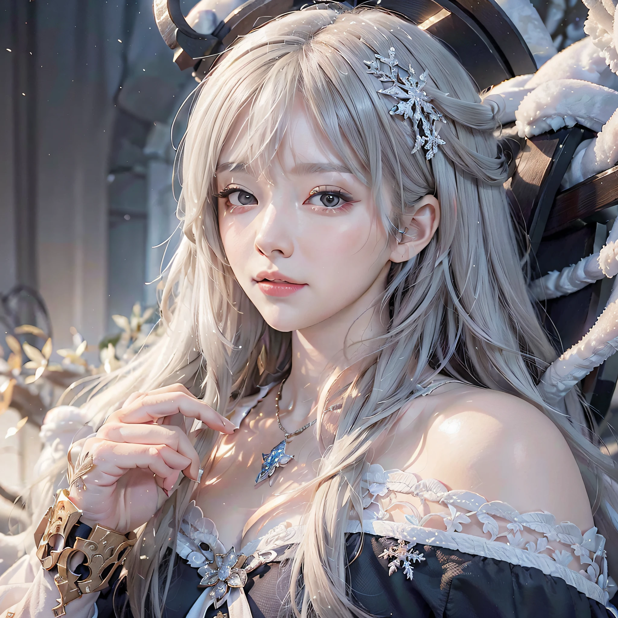 ((amazing illustration)), high quality, very detailed, a young girl with snow-white hair, an ethereal look, a delicate and beautiful face, a soft smile, delicate snowflakes falling all around her, a peaceful and snowy landscape in the background, a serene atmosphere.