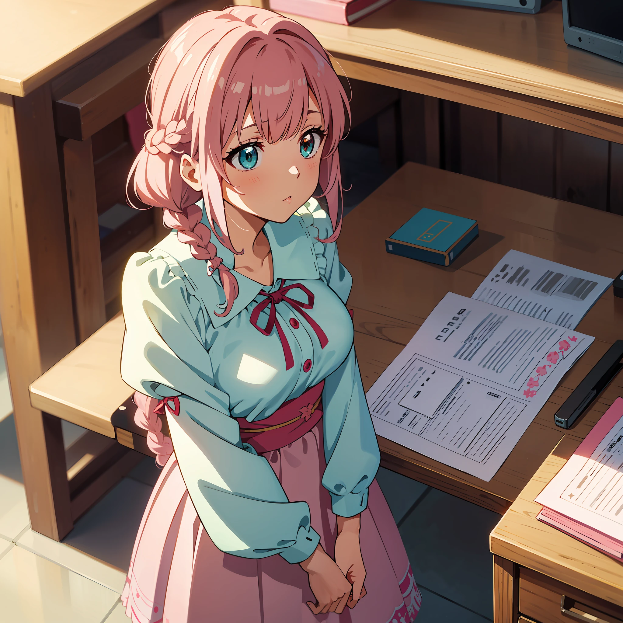 Anime illustrations in the style of "Kyoto Animation", highest quality, (cute: 1.1), (cute), (high resolution: 1.2), incredibly ridiculous: 1.3, incredibly fine illustrations, break 1 beautiful girl, Solo, (heterochromia, light blue eyes and light green eyes), silhouette of star eyes, solo, standing figure, mysterious face, princess eyes, big breasts, break, braid, light pink hair, semi-long hair, red ribbon at the end of braid, desk, angle from above, pc, leaning forward, looking upwards