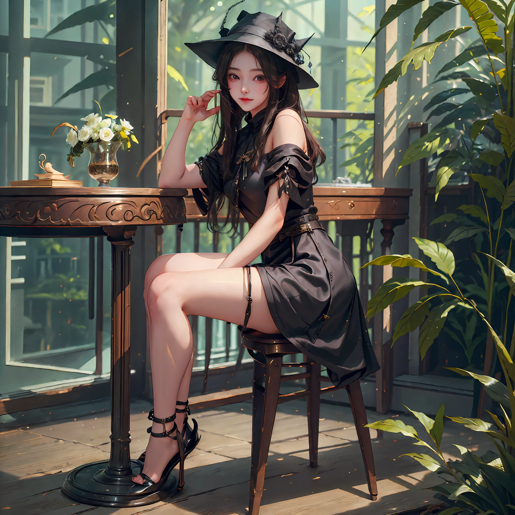 A young girl dressed in black silk sat on a stool, raised her right foot and looked at me with a slight smile --auto --s2