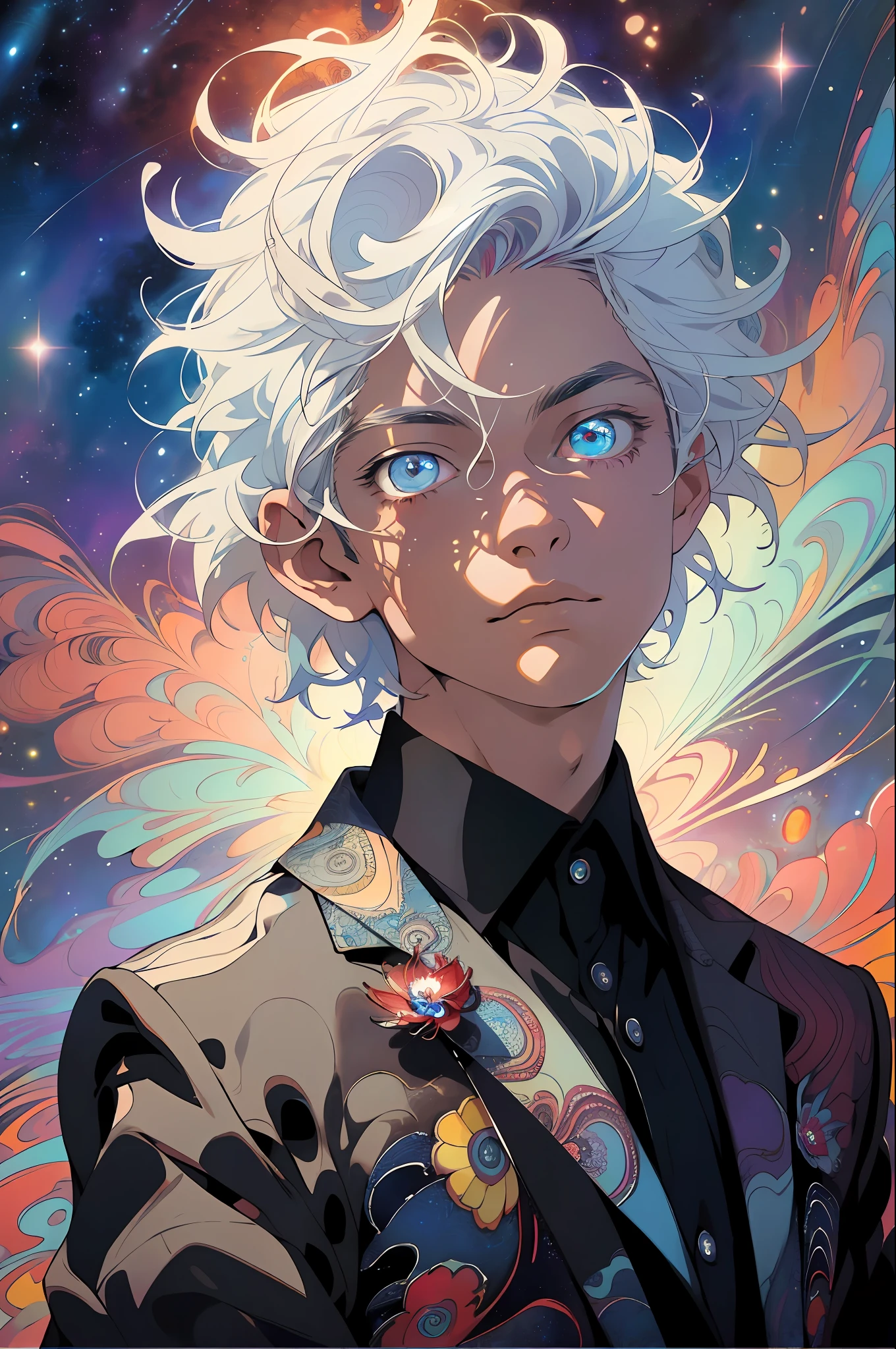 Realistic, (Masterpiece, Top Quality, Best Quality, Official Art, Beauty and Aesthetics: 1.2), Very Detailed, Fractal Art, Colorful, Most Detailed, Zentangle, (Abstract Background: 1.5) (1boy: 1.3), God, White Hair, Short Hair, (Glowing Blue Eyes), Mysterious, Starry Sky, Handsome Man, (((Lycoris radiata)))