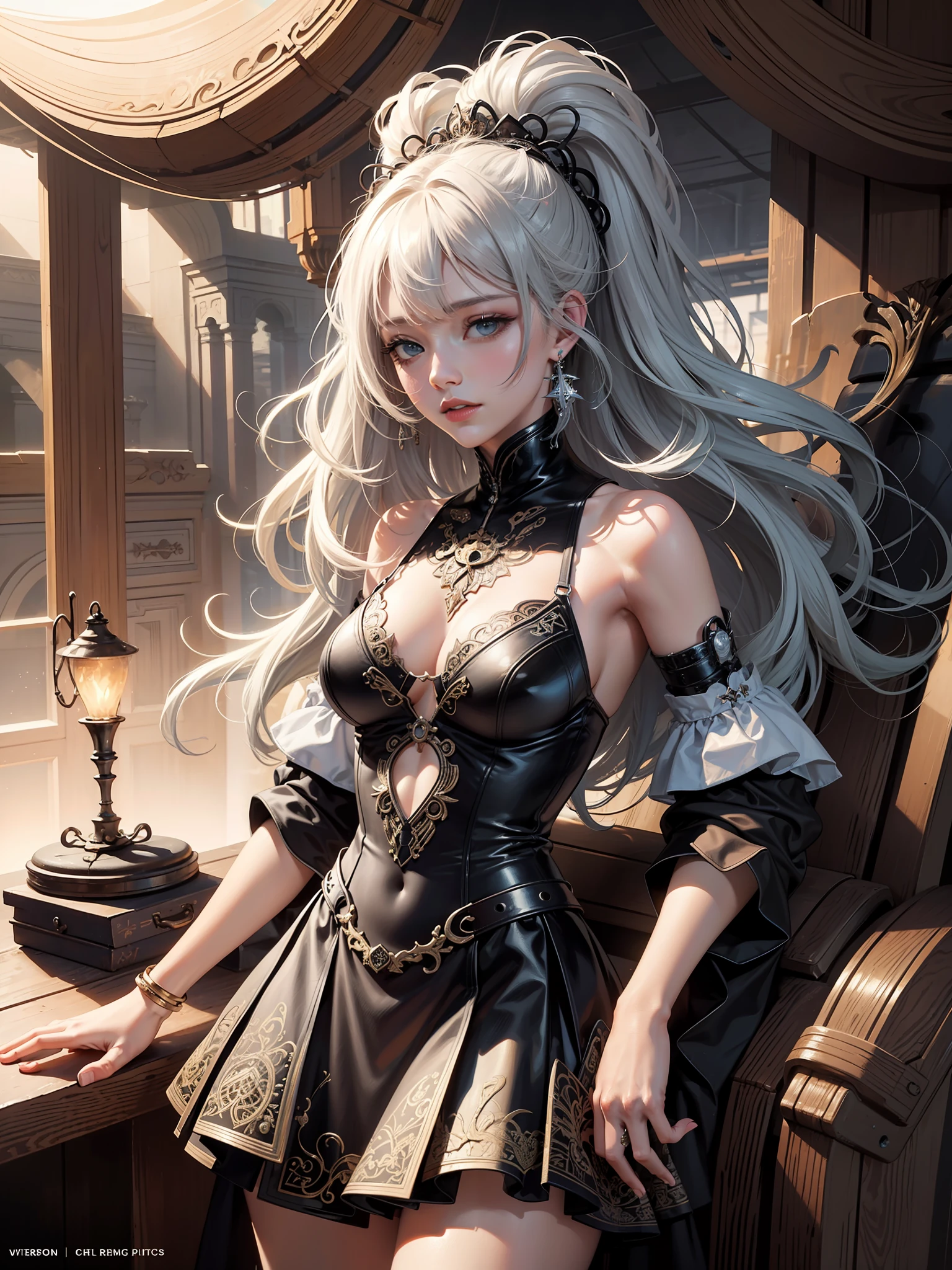 Concept Art, Knee, Cowboy Shot, Official Art, Unity8k Wallpaper, Super Detailed, Beautiful and Aesthetic, Masterpiece, Top Quality, (Zentangle, Mandala, Entangled), (Fractal Art: 1.3), 1girl, Highly Detailed Dynamic Angle, Cowboy Shot, The Most Beautiful Shape of Chaos, Elegant, Brutalist Design, Vibrant Colors, Romanticism, ecstasy of musical notes, visibility of streaming notes,