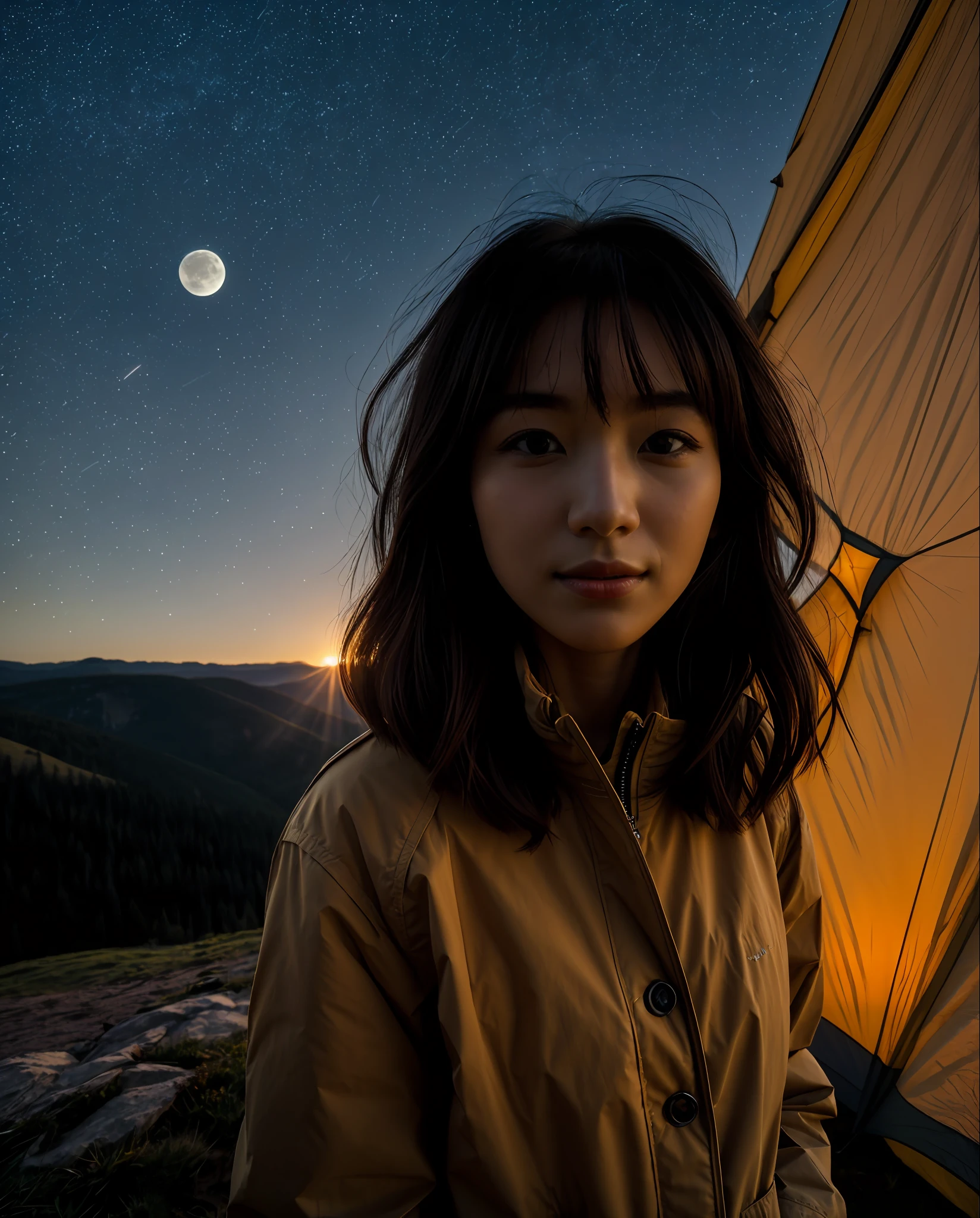 ((Top Quality, 8k, Masterpiece: 1.3)), Korean Woman (1, 20 years old, Smile, Very Detailed Face and Skin and Hair Texture, Detailed Eyes, Double Eyelids, White Skin, Big, Beautiful Delicate Nose, Bright Hair Color, Slightly Longer Bob Cut Hair, Parka Wearing, Chinos Wearing, Mountain Boots Wearing), Overhead Camera, Sharp Focus: 1.2, Subject's Hair, Eyes, Mouth, While emphasizing the action, the composition is pleasing to the eye and thought-provoking. ⠀
ground, outdoor, (night), mountain, nature, (stars, moon) cheerful, wind, happy, backpack, tent, bonfire, forest, river, smoke, shadow, contrast, clear sky, style, (warm shades, warm tones), pleasant to the eye, while exuding melancholy emotions, characterized by a contrasting mix of calm tones and light and shadow, with dynamic angles, It is a thought-provoking composition.