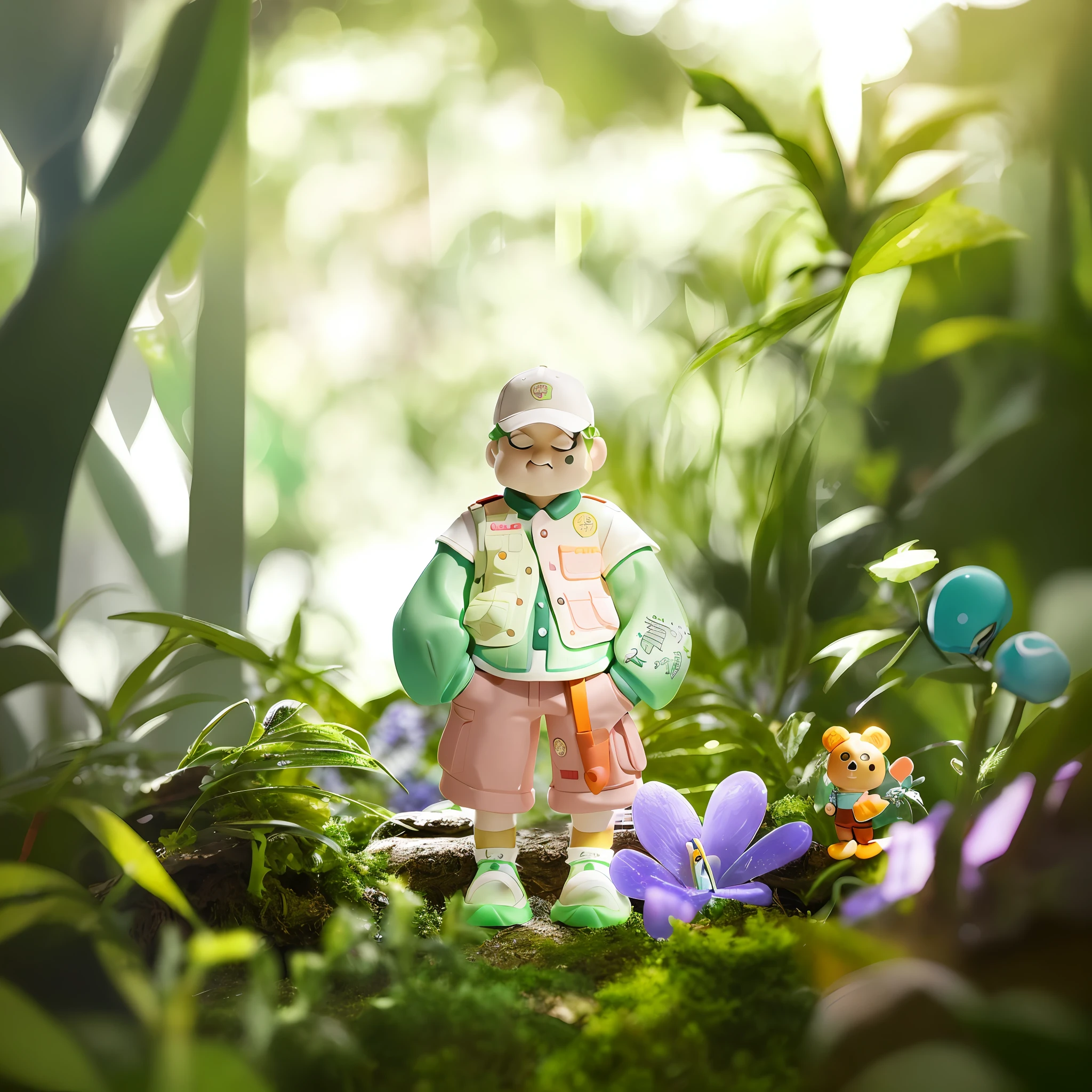 there is a toy figure of a man in a garden, pop up parade figure, kenny wong x pop mart, sofubi, female explorer mini cute girl, scout boy, cute:2, toy photography, ( highly detailed figure ), a retropunk naturewave defender, teddy fresh, forest hunter lady, anime figure, anime figurine, jake parker