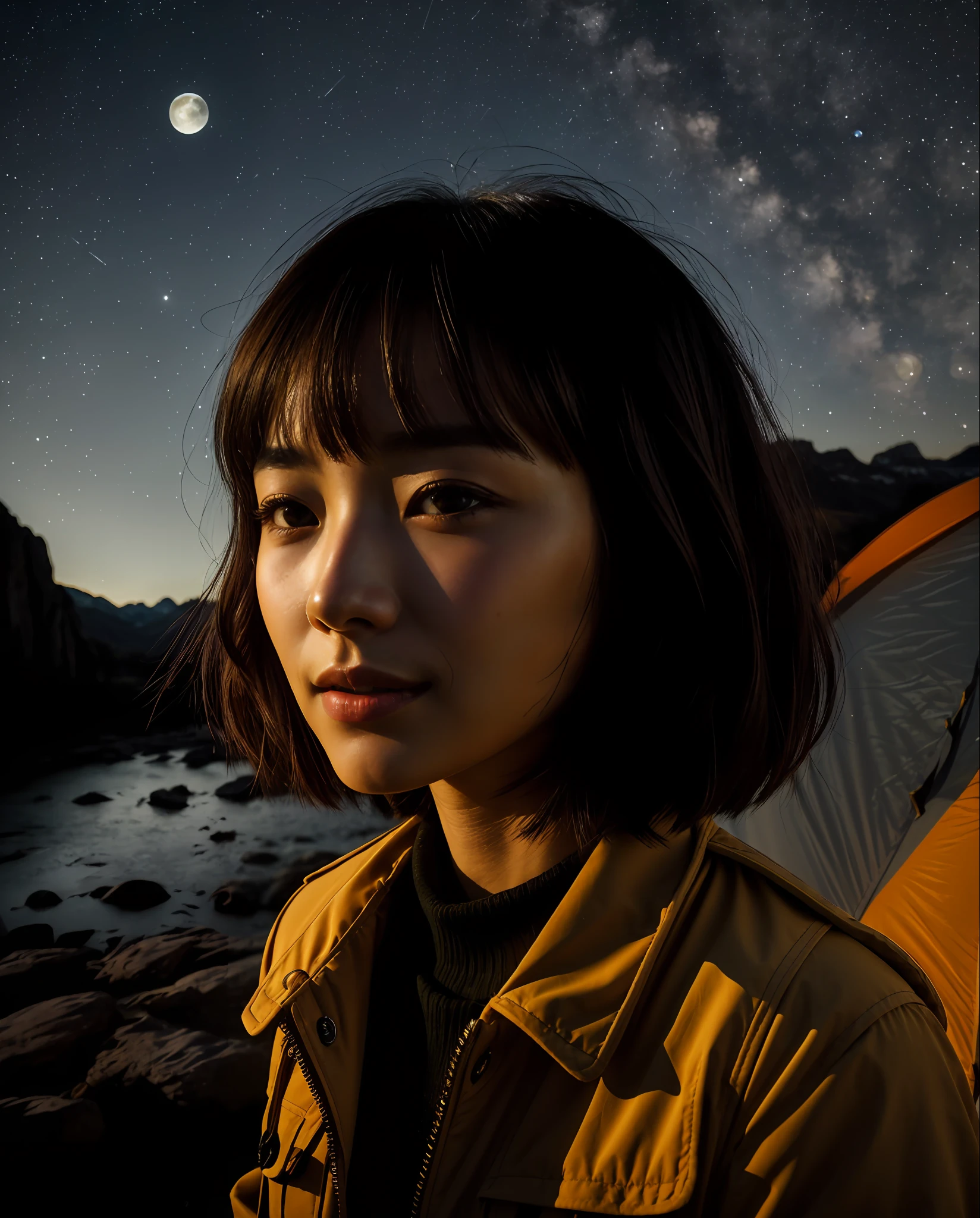 ((Top Quality, 8k, Masterpiece: 1.3)), Korean Woman (1, 20 years old, Smile, Very Detailed Face and Skin and Hair Texture, Detailed Eyes, Double Eyelids, White Skin, Big, Beautiful Delicate Nose, Bright Hair Color, Slightly Longer Bob Cut Hair, Parka Wearing, Chinos Wearing, Mountain Boots Wearing), Overhead Camera, Sharp Focus: 1.2, Subject's Hair, Eyes, Mouth, While emphasizing the action, the composition is pleasing to the eye and thought-provoking. ⠀
ground, outdoor, (night), mountain, nature, (stars, moon) cheerful, wind, happy, backpack, tent, bonfire, forest, river, smoke, shadow, contrast, clear sky, style, (warm shades, warm tones), pleasant to the eye, while exuding melancholy emotions, characterized by a contrasting mix of calm tones and light and shadow, with dynamic angles, It is a thought-provoking composition.