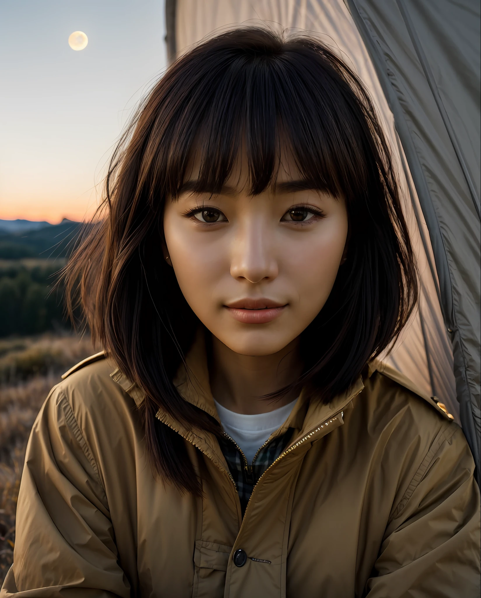 ((Top Quality, 8k, Masterpiece: 1.3)), Korean Woman (1, 20 years old, Smile, Very Detailed Face and Skin and Hair Texture, Detailed Eyes, Double Eyelids, White Skin, Big, Beautiful Delicate Nose, Bright Hair Color, Slightly Longer Bob Cut Hair, Parka Wearing, Chinos Wearing, Mountain Boots Wearing), Overhead Camera, Sharp Focus: 1.2, Subject's Hair, Eyes, Mouth, While emphasizing the action, the composition is pleasing to the eye and thought-provoking. ⠀
ground, outdoor, (night), mountain, nature, (stars, moon) cheerful, wind, happy, backpack, tent, bonfire, forest, river, smoke, shadow, contrast, clear sky, style, (warm shades, warm tones), pleasant to the eye, while exuding melancholy emotions, characterized by a contrasting mix of calm tones and light and shadow, with dynamic angles, It is a thought-provoking composition.