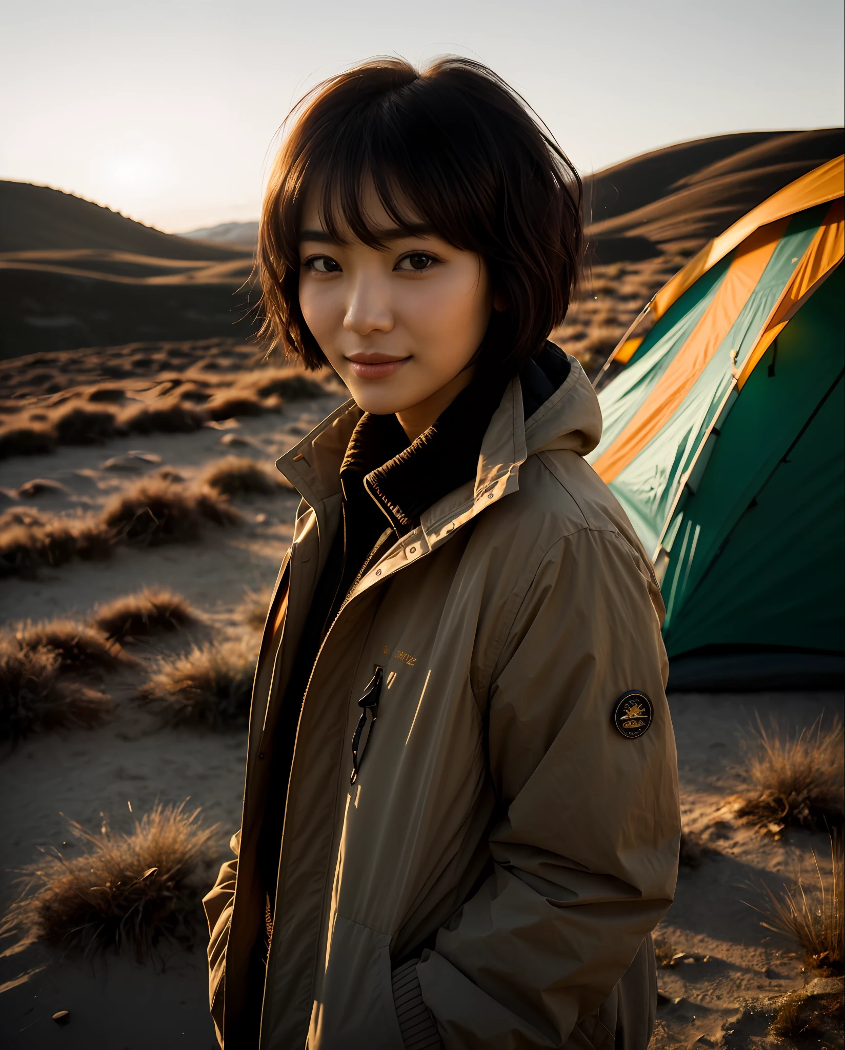 ((Top Quality, 8k, Masterpiece: 1.3)), Korean Woman (1, 20 years old, Smile, Very Detailed Face and Skin and Hair Texture, Detailed Eyes, Double Eyelids, White Skin, Big, Beautiful Delicate Nose, Bright Hair Color, Slightly Longer Bob Cut Hair, Parka Wearing, Chinos Wearing, Mountain Boots Wearing), Overhead Camera, Sharp Focus: 1.2, Subject's Hair, Eyes, Mouth, While emphasizing the action, the composition is pleasing to the eye and thought-provoking. ⠀
ground, outdoor, (night), mountain, nature, (stars, moon) cheerful, wind, happy, backpack, tent, bonfire, forest, river, smoke, shadow, contrast, clear sky, style, (warm shades, warm tones), pleasant to the eye, while exuding melancholy emotions, characterized by a contrasting mix of calm tones and light and shadow, with dynamic angles, It is a thought-provoking composition.