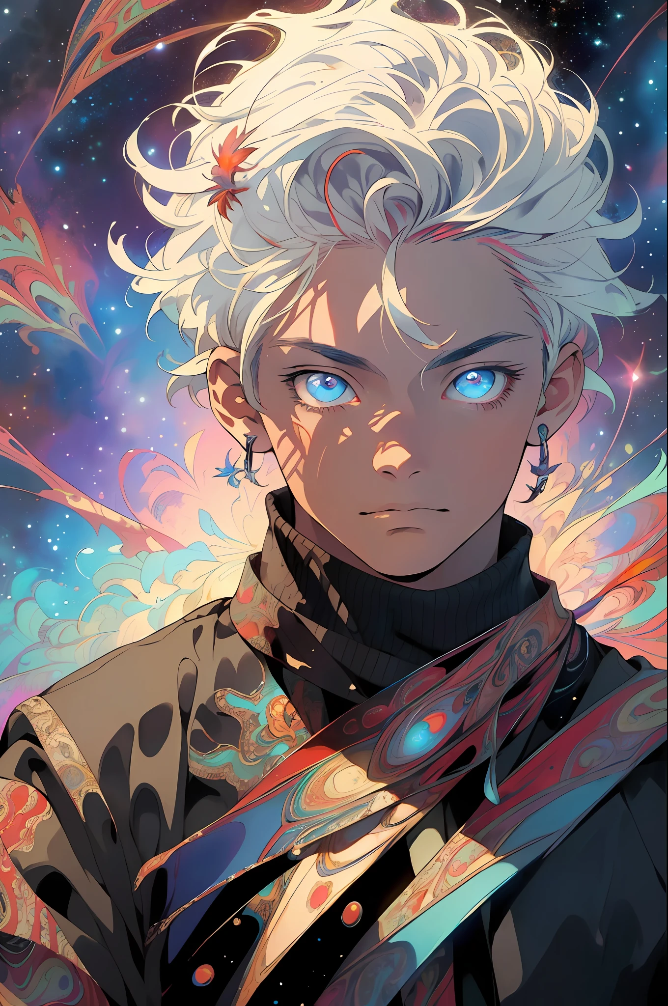 Realistic, (Masterpiece, Top Quality, Best Quality, Official Art, Beauty and Aesthetics: 1.2), Very Detailed, Fractal Art, Colorful, Most Detailed, Zentangle, (Abstract Background: 1.5) (1boy: 1.3), God, White Hair, Short Hair, (Glowing Red Eyes), Mysterious, (Magic), Ice, Handsome Man, Egyptian Style