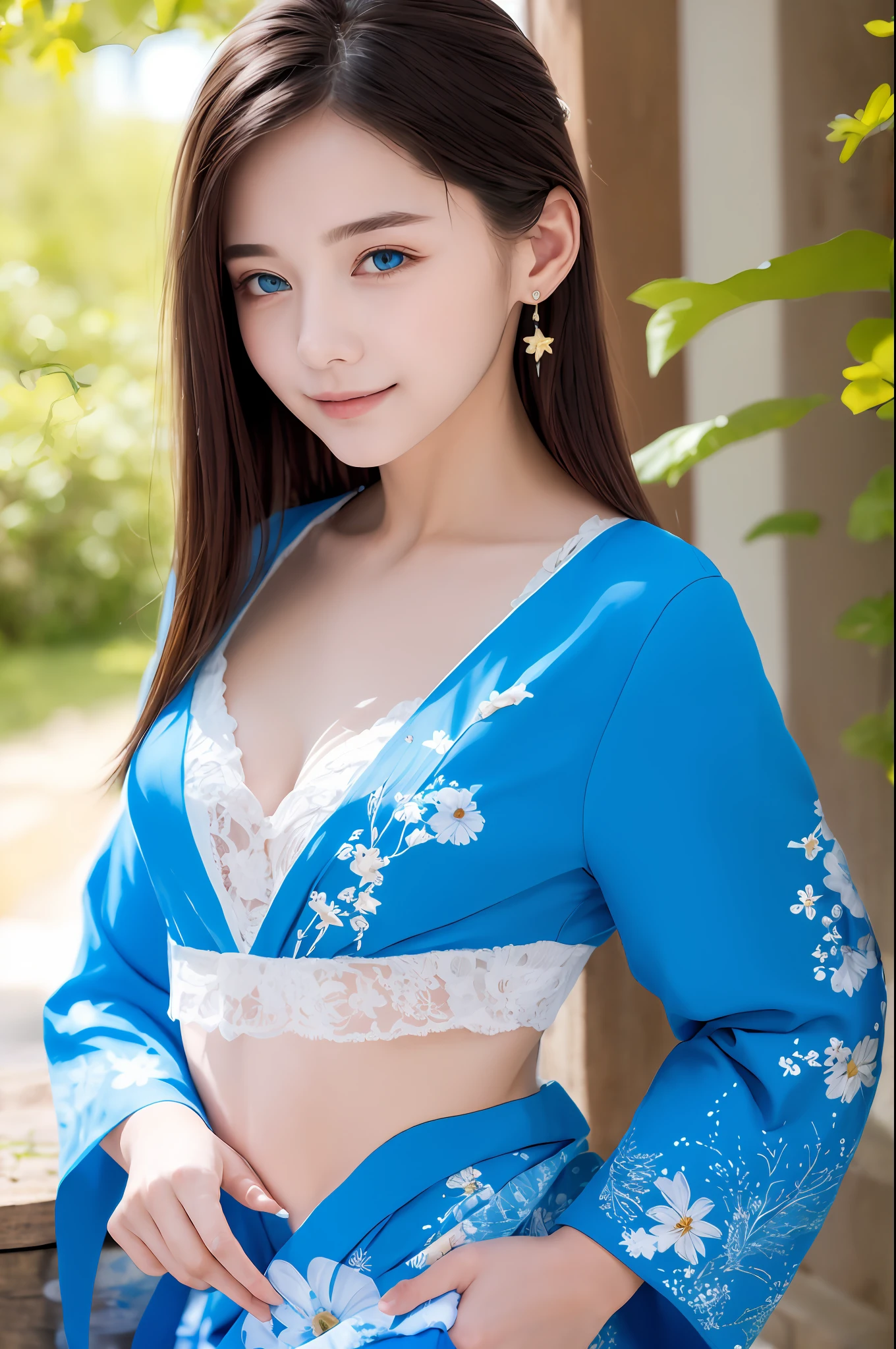 ((masterpiece, top quality, super definition, high definition)), solo, beautiful girl, shining eyes, perfect eyes, 16 years old, fluttering chest, cleavage, blue theme, yukata, fireworks