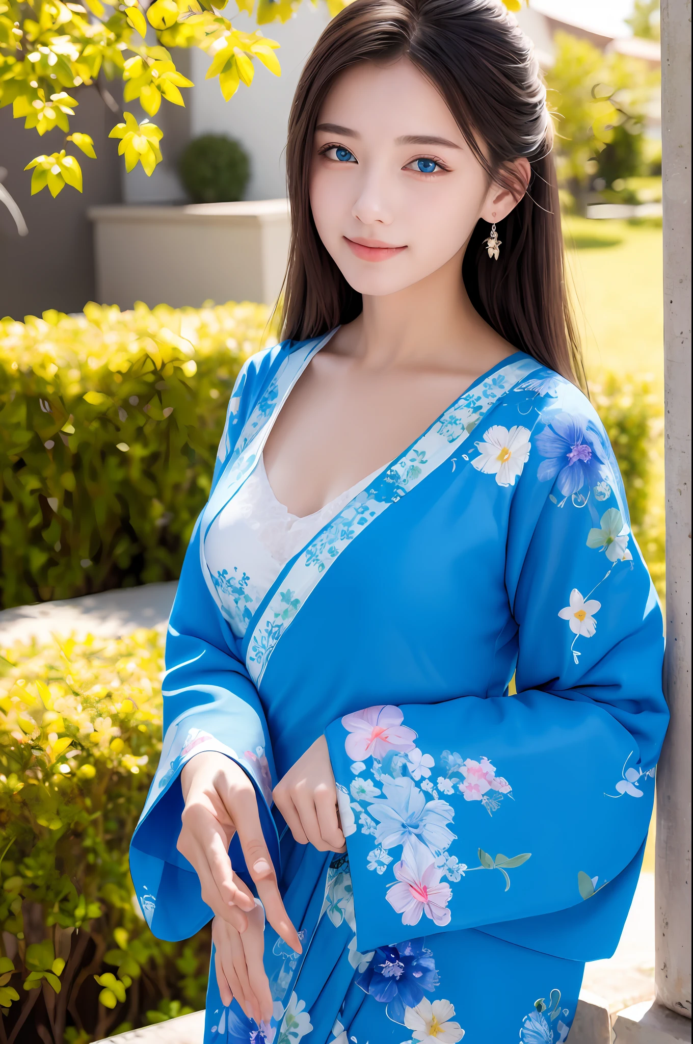 ((masterpiece, top quality, super definition, high definition)), solo, beautiful girl, shining eyes, perfect eyes, , fluttering chest, cleavage, blue theme, yukata, fireworks