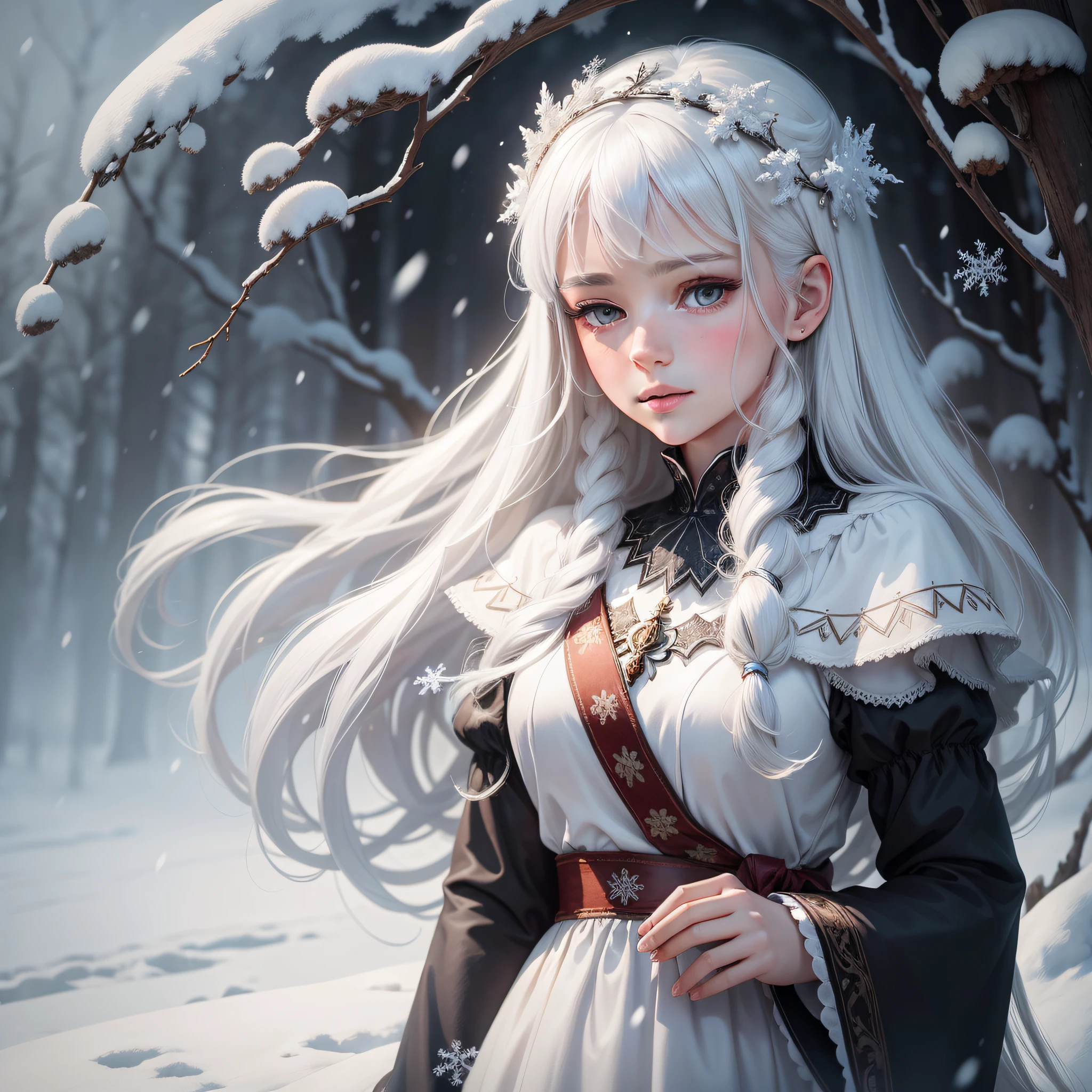 (amazing illustration)), high quality, very detailed, a young girl with snow-white hair, an ethereal look, a delicate and beautiful face, a soft smile, delicate snowflakes falling all around her, a peaceful and snowy landscape in the background, a serene atmosphere.
