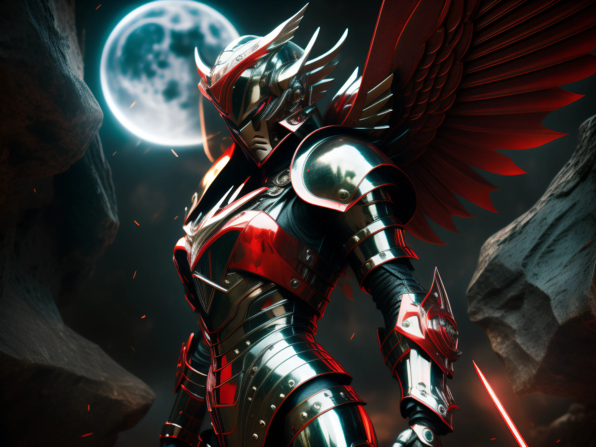 scantily clad woman, curly-haired blonde, red eyes, black armor, metal wings, sword in hands, futuristic background, dark place illuminated only by moonlight, in an apocalyptic place, detailed photo, realistic photo, realistic high quality, correct face, correct details, correct blurred image, 3d, dark armor, dark background, apocalyptic senary, scene with the character aside,  Red colored rays coming out of the armor