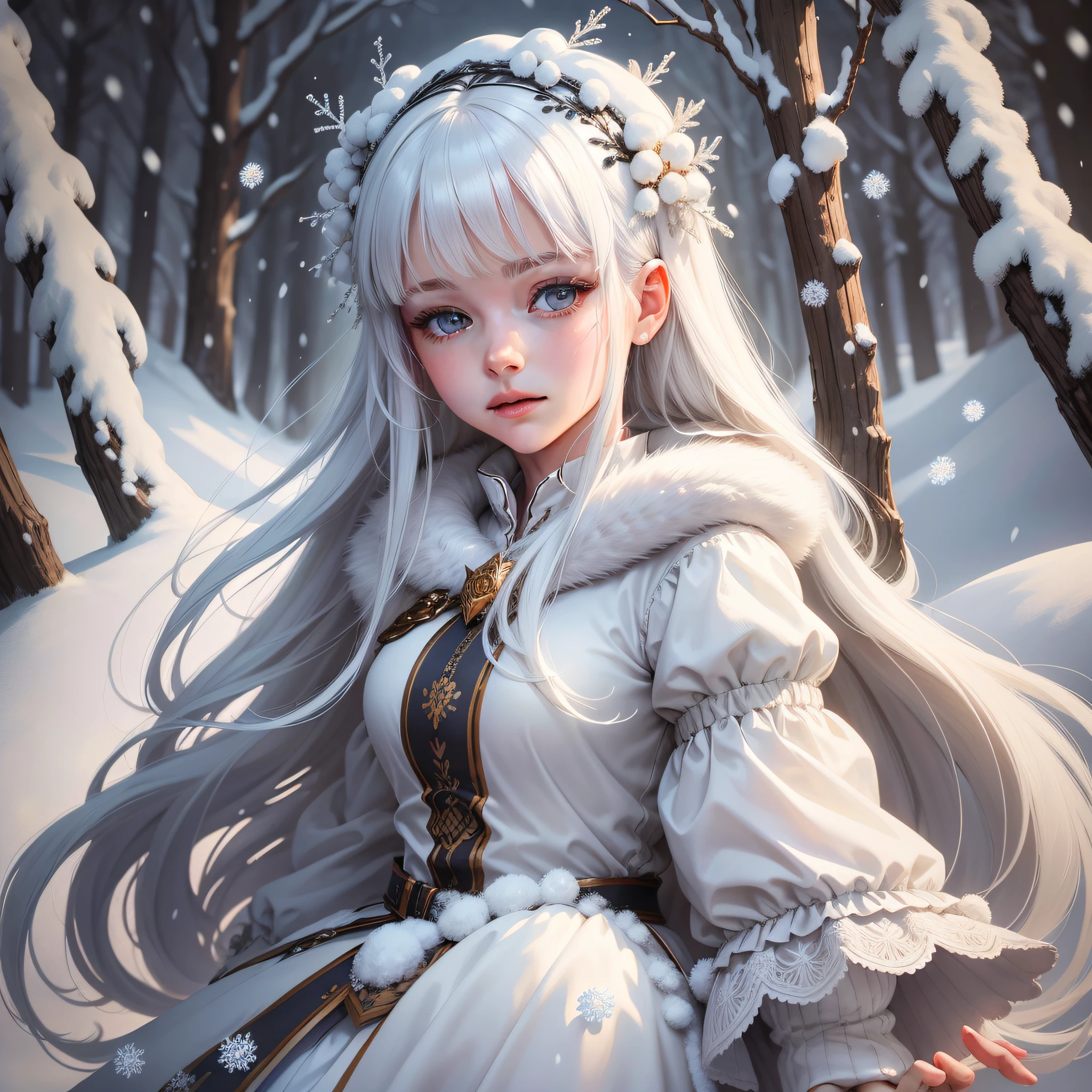 (amazing illustration)), high quality, very detailed, a young girl with snow-white hair, an ethereal look, a delicate and beautiful face, a soft smile, delicate snowflakes falling all around her, a peaceful and snowy landscape in the background, a serene atmosphere.