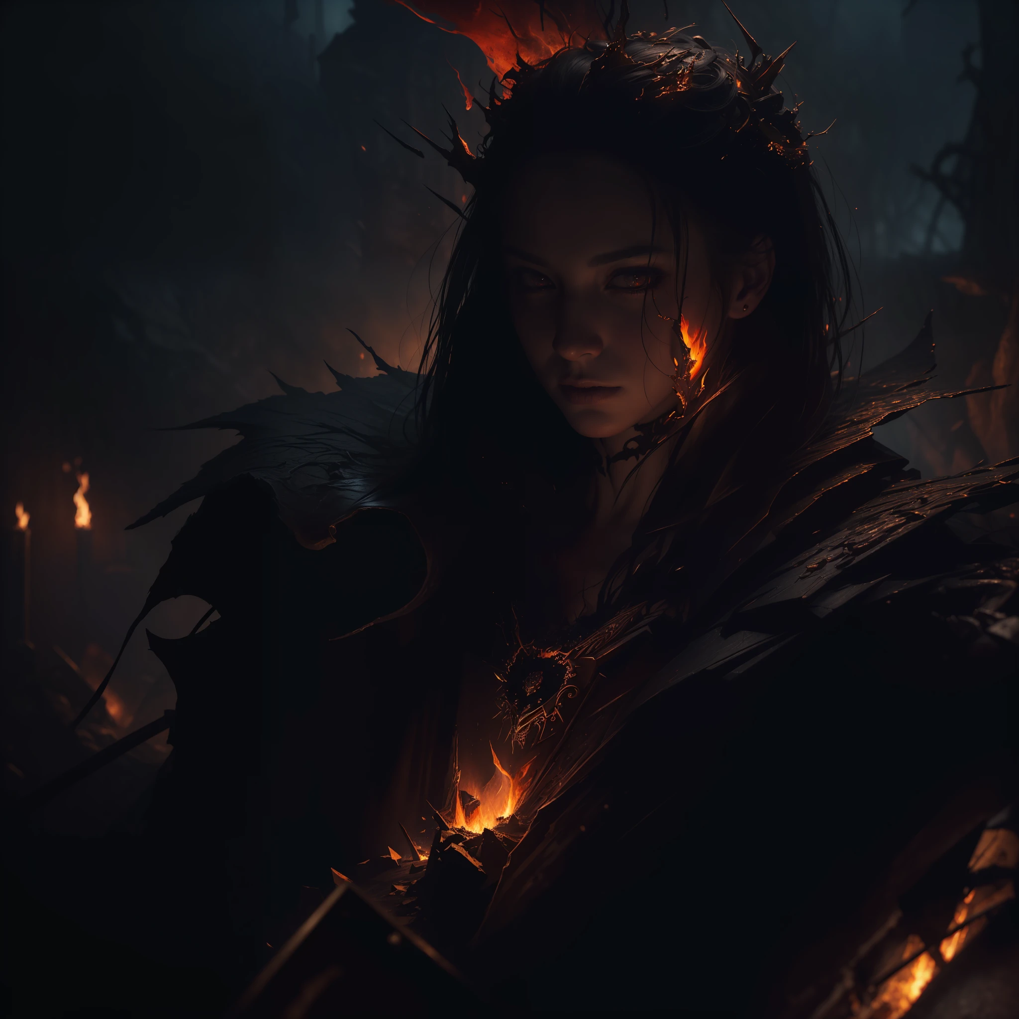 (Dark Fantasy:1.2), (Masterpiece, Epic Quality, Epic Realism, Ultra Resolution, 8K Photo Unity, Epic Detail: 1.1), Blood, Madness, Surrealism, (Intricate Details, Dynamic Angle, The Most Beautiful Form of Chaos, Night, Fire, Sparks, Ashes, Rim Lighting, Soft Lighting, (Professional Photography, Photorealism, Hyperrealism), Ray Tracing, HDR
