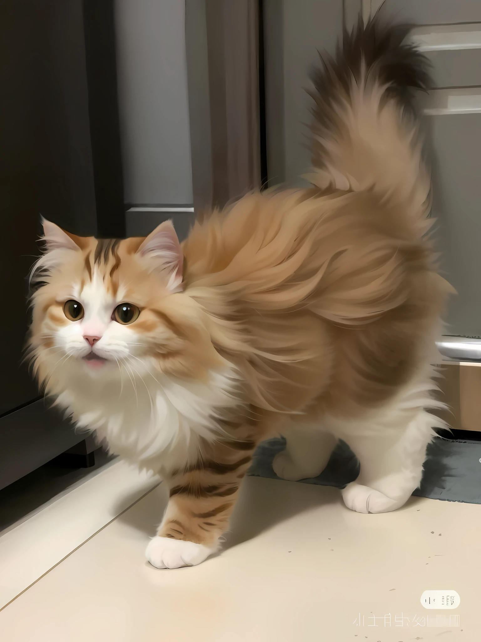 There is a cat standing on the floor near the door, coarse furry tail, orange fluffy belly, cute furry who needs your help, furry cat, long-haired Siberian cat, furry fluffy, fluffy, furry, costumed