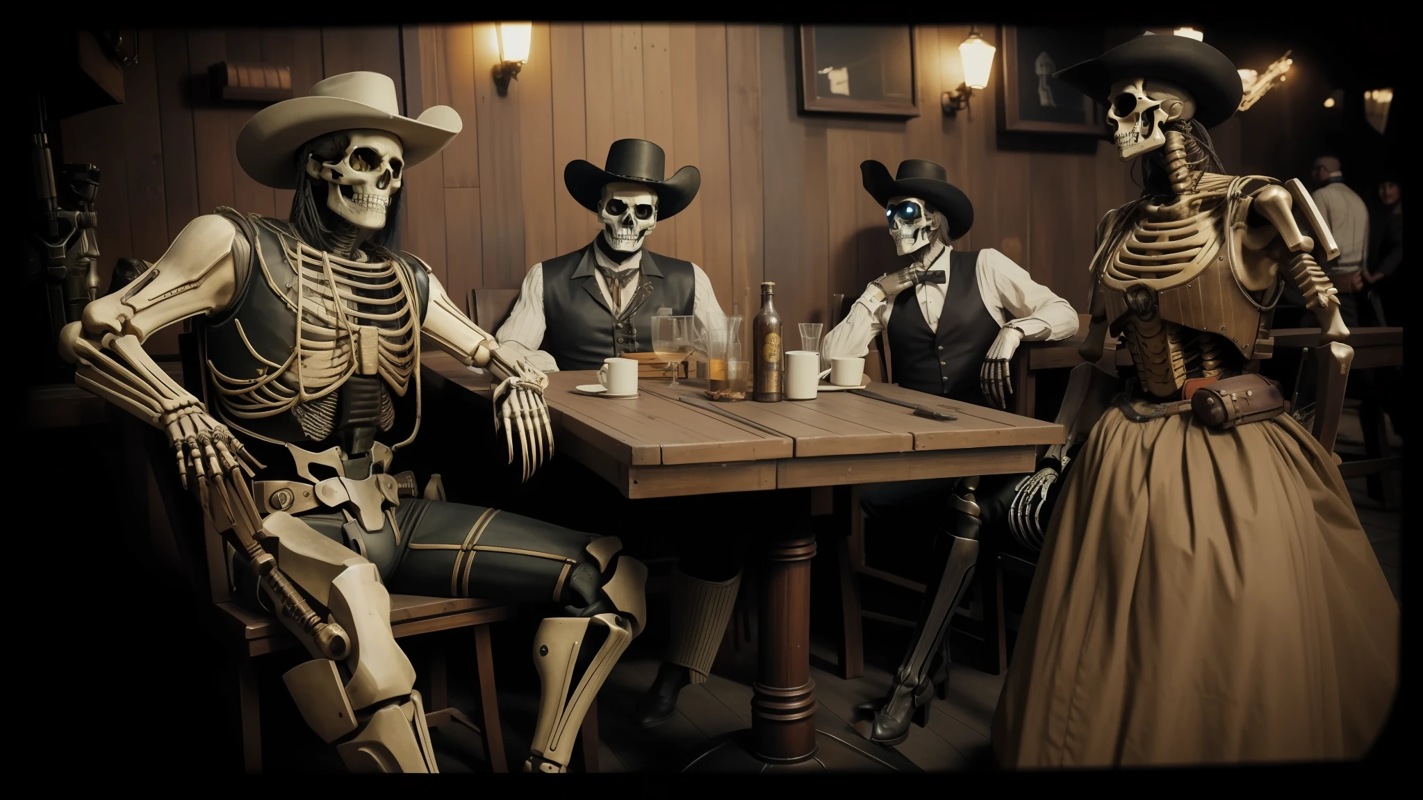 there are three people sitting at a table with a skeleton in a costume, cyberpunk wild west, a photo of an old opened camera, posing in disguise among humans, cinematic , - h 7 6 8, a still of a happy, adamantium, oldwest, skynet, exploitable image, by Dan Scott