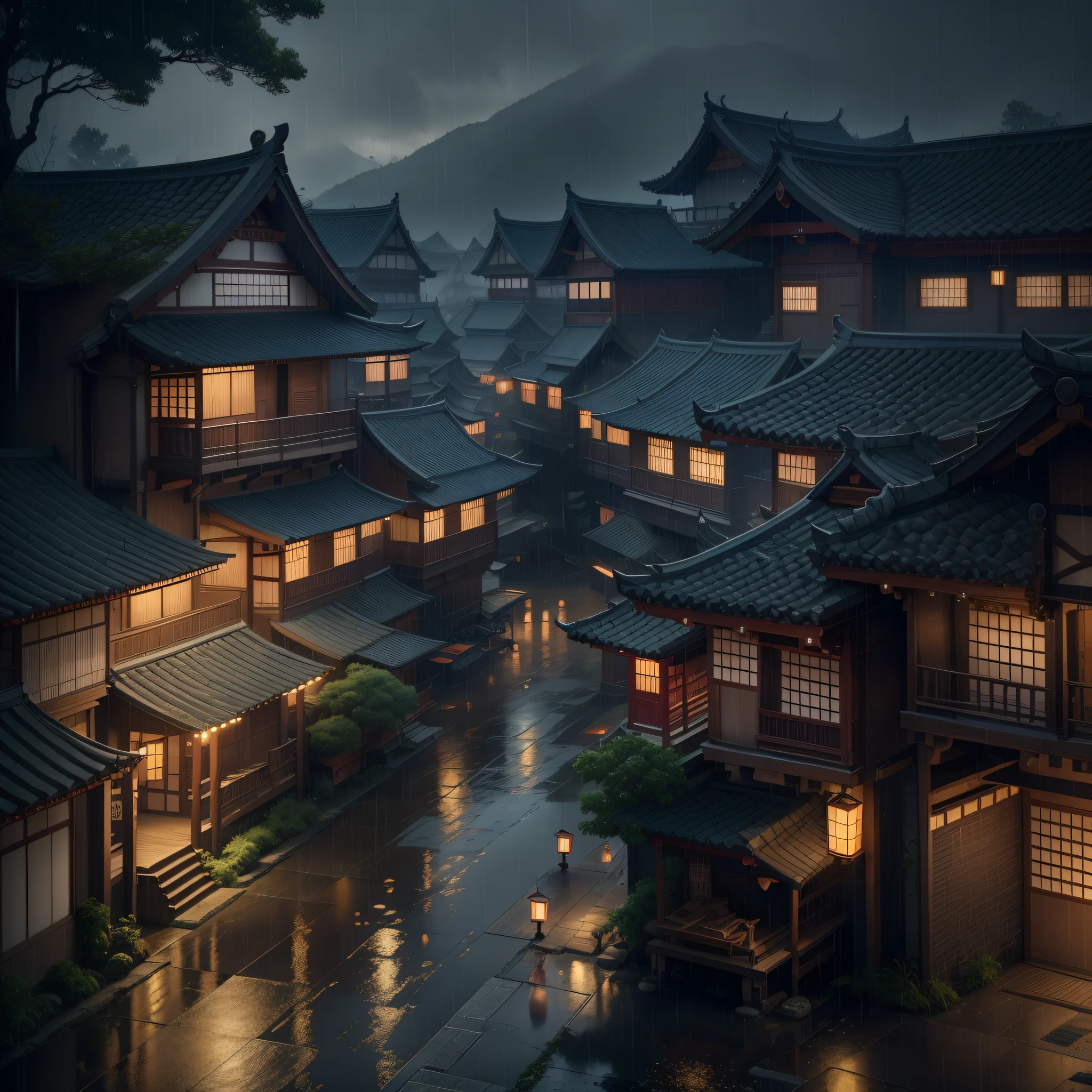 arafed view of a village with a lot of lights on the buildings, dreamy chinese town, chinese village, amazing wallpaper, japanese town, japanese village, hyper realistic photo of a town, old asian village, japanese city, by Raymond Han, rainy evening, cyberpunk chinese ancient castle, beautifully lit buildings, at evening during rain, beautiful and aesthetic, photography, cinematic, 8k, high detailed ((Heavy rain)))