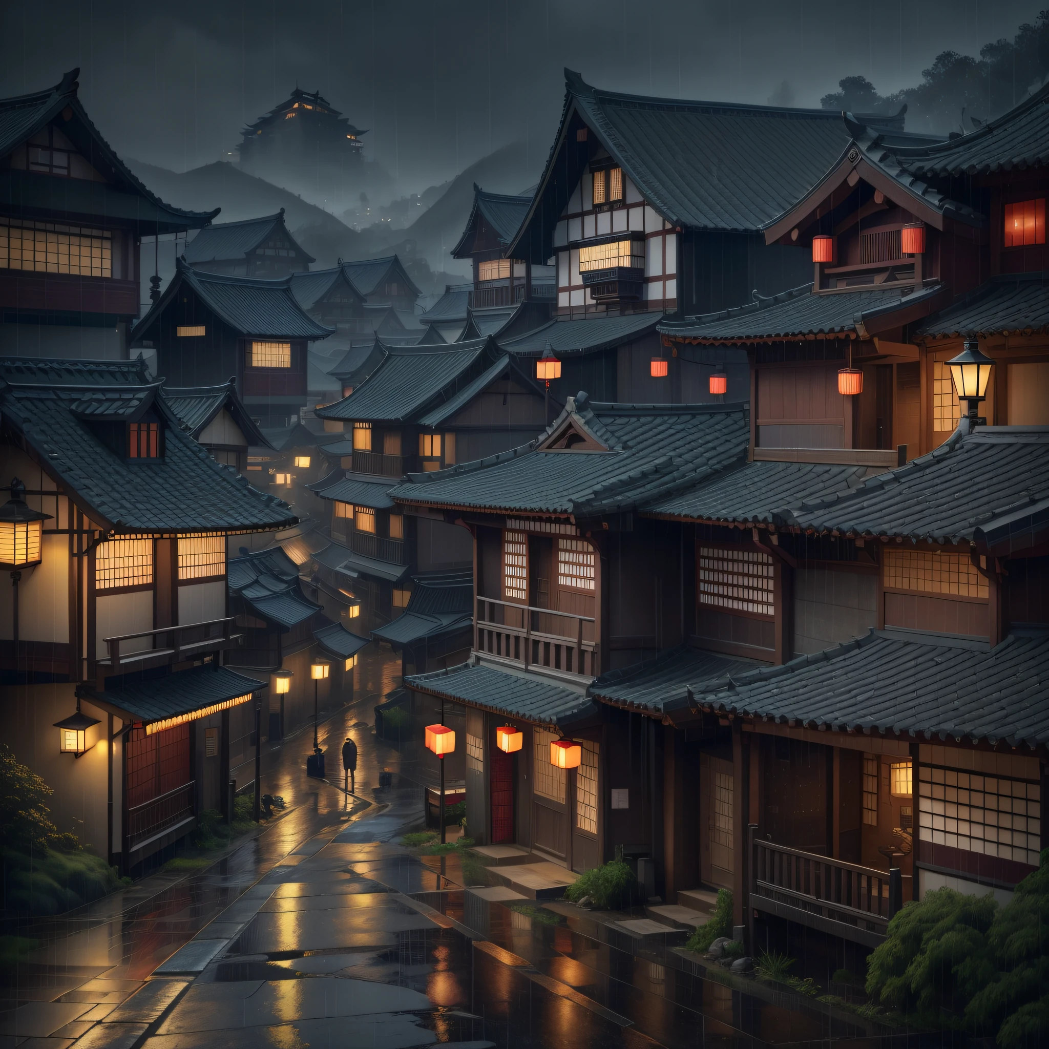 arafed view of a village with a lot of lights on the buildings, dreamy chinese town, chinese village, amazing wallpaper, japanese town, japanese village, hyper realistic photo of a town, old asian village, japanese city, by Raymond Han, rainy evening, cyberpunk chinese ancient castle, beautifully lit buildings, at evening during rain, beautiful and aesthetic, photography, cinematic, 8k, high detailed ((Heavy rain)))
