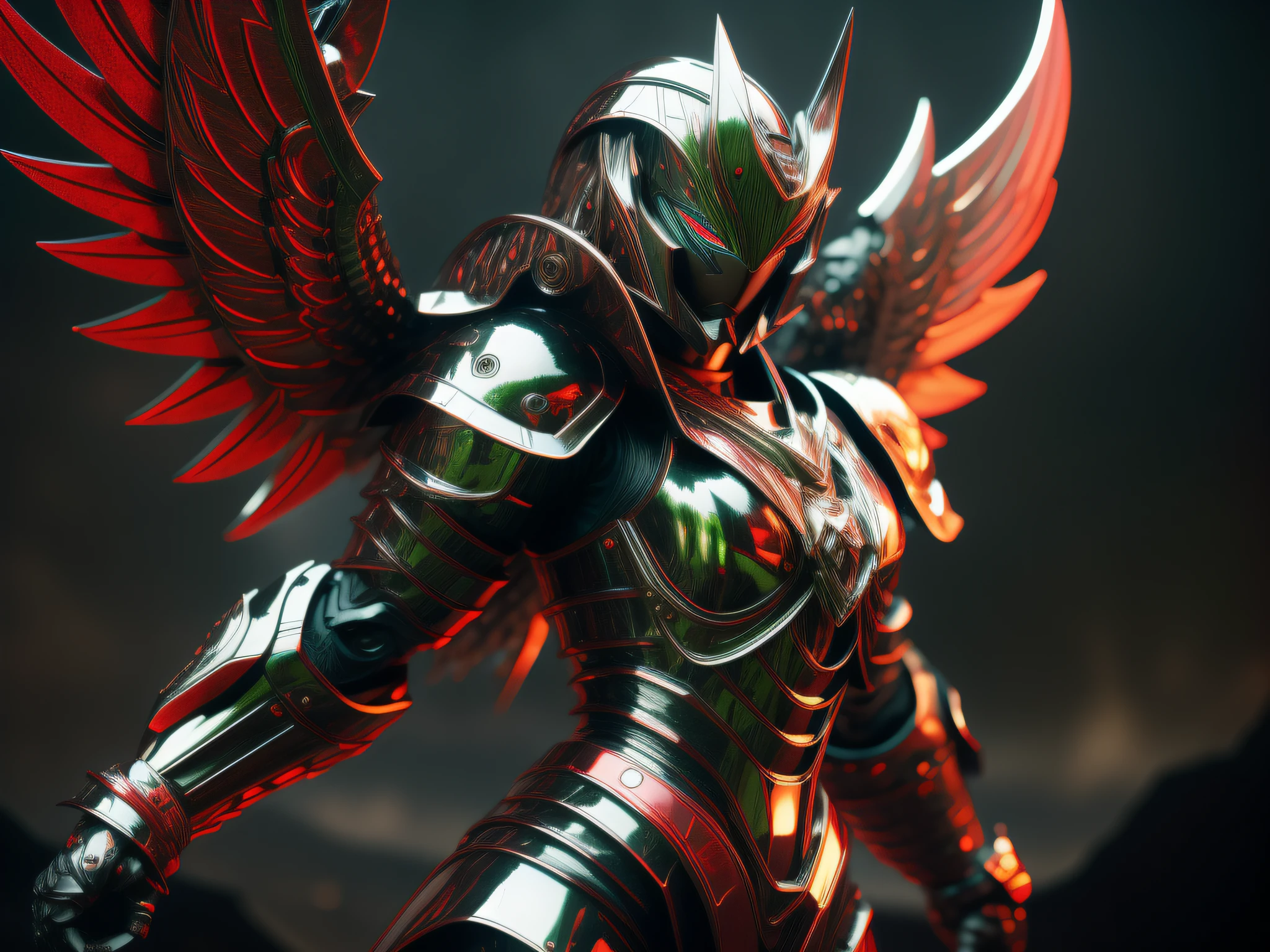 scantily clad woman, curly-haired blonde, red eyes, black armor, metal wings, sword in hands, futuristic background, dark place illuminated only by moonlight, in an apocalyptic place, detailed photo, realistic photo, realistic high quality, correct face, correct details, correct blurred image, 3d, dark armor, dark background, apocalyptic senary, scene with the character aside, Red colored rays coming out of the armor, replicate image number 1