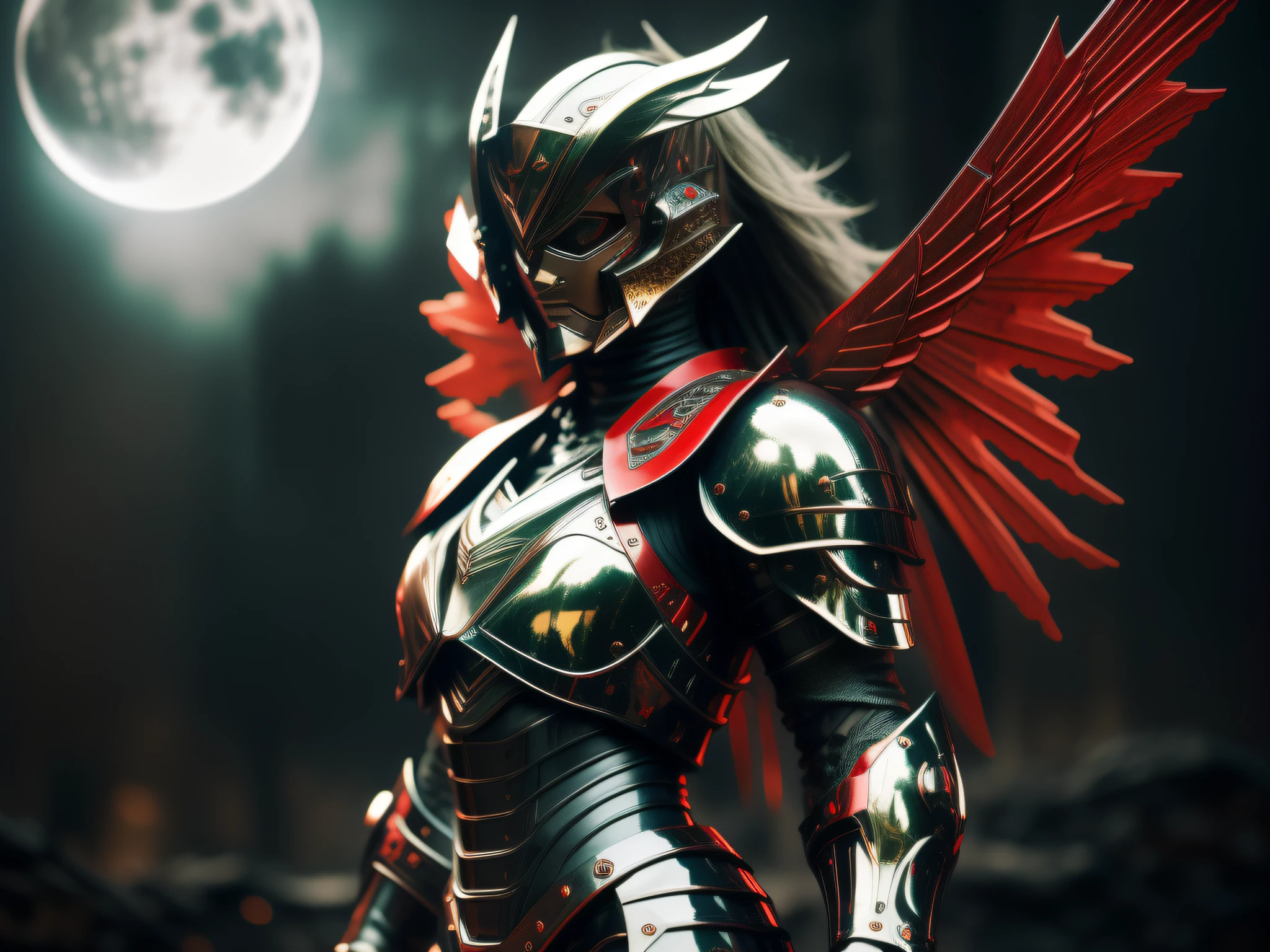 scantily clad woman, curly-haired blonde, red eyes, black armor, metal wings, sword in hands, futuristic background, dark place illuminated only by moonlight, in an apocalyptic place, detailed photo, realistic photo, realistic high quality, correct face, correct details, correct blurred image, 3d, dark armor, dark background, apocalyptic senary, scene with the character aside,  Red colored rays coming out of the armor, replicate image number 1