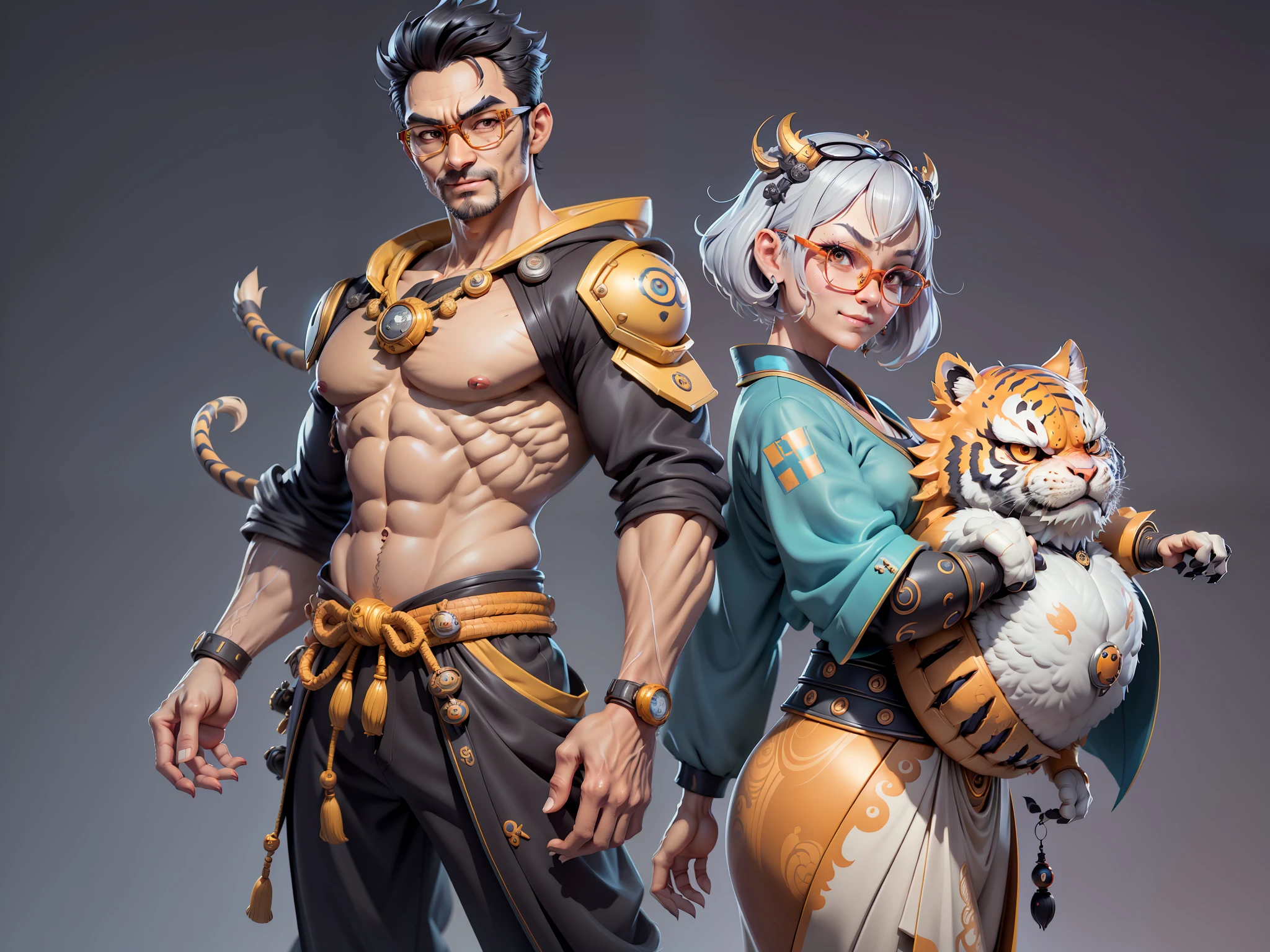 (Masterpiece), (Excellent), (Super Meticulous), (Full Body: 1.2), Super Young Man with Japanese Female Geisha, Pretty, Beautiful, Chinese Dragon, Tiger, Wind God Thor, Sexy, Bursting, Oriental Face, TV Anchor, Bust Portrait Illustration, Black Suit, Blue Tie, Slightly Chubby Face, Silver Glasses, Very Clean Face, No Beard on Chin, Black Super Short Hair, Black Eyes, Confident Smile, 3c Computer Sub-Products, iPad, iPhone, Digital Painting, 3D character design by Mark Clairedon and Pixar and Hayao Miyazaki and Akira Toriyama, the illustrations are HD illustrations in 4K resolution with highly detailed facial features and cartoon-style visuals.