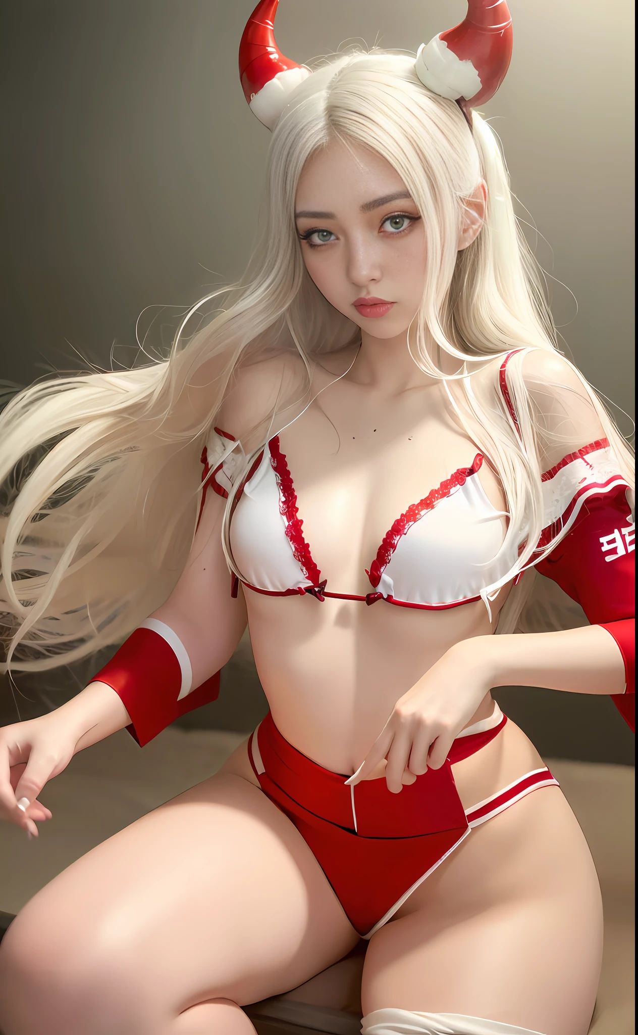 photorealistic, High resolution, 1 girl, white wavy hair, red horns on the side of the head, Korean, Heterochromic eyes, Small moles under the eyes, White kimono, Jeans shorts, Big, Thighs thickest, slouched, lace material, sheer, open legs