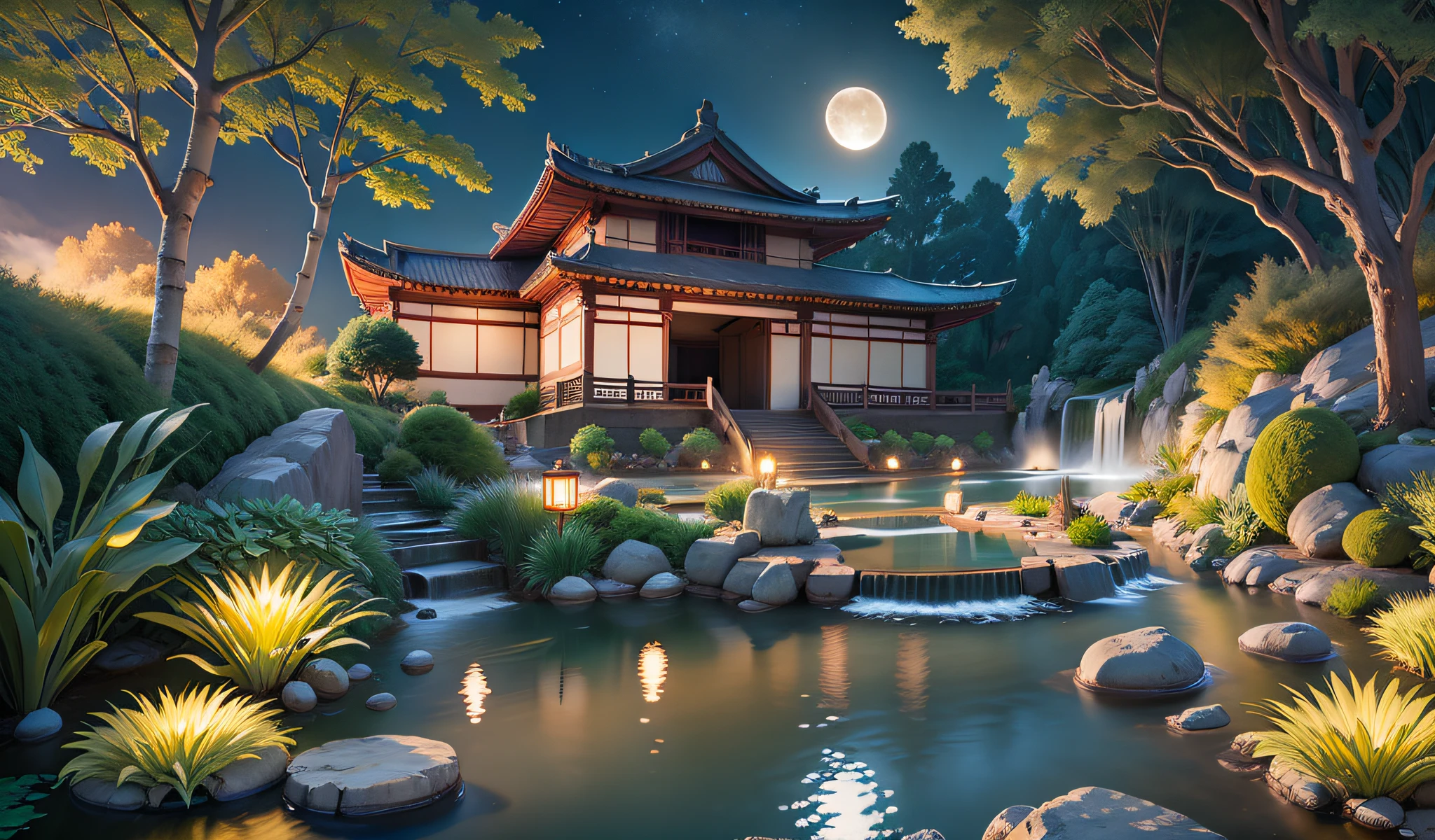 9:16 Full picture, ancient Chinese architecture, hazy moon, night, garden, bamboo, lake, stone bridge, rockery, arch, corner, rockery, tree, running water, landscape, outdoor, waterfall, grass, rock, water lily, hot spring , Water Vapor, (Illustration: 1.0), Epic Composition, Detail Enhancement, Detail Enhancement. Realistic lighting, HD details, masterpiece, best quality, (very detailed CG unity 8k wallpaper), (best quality)