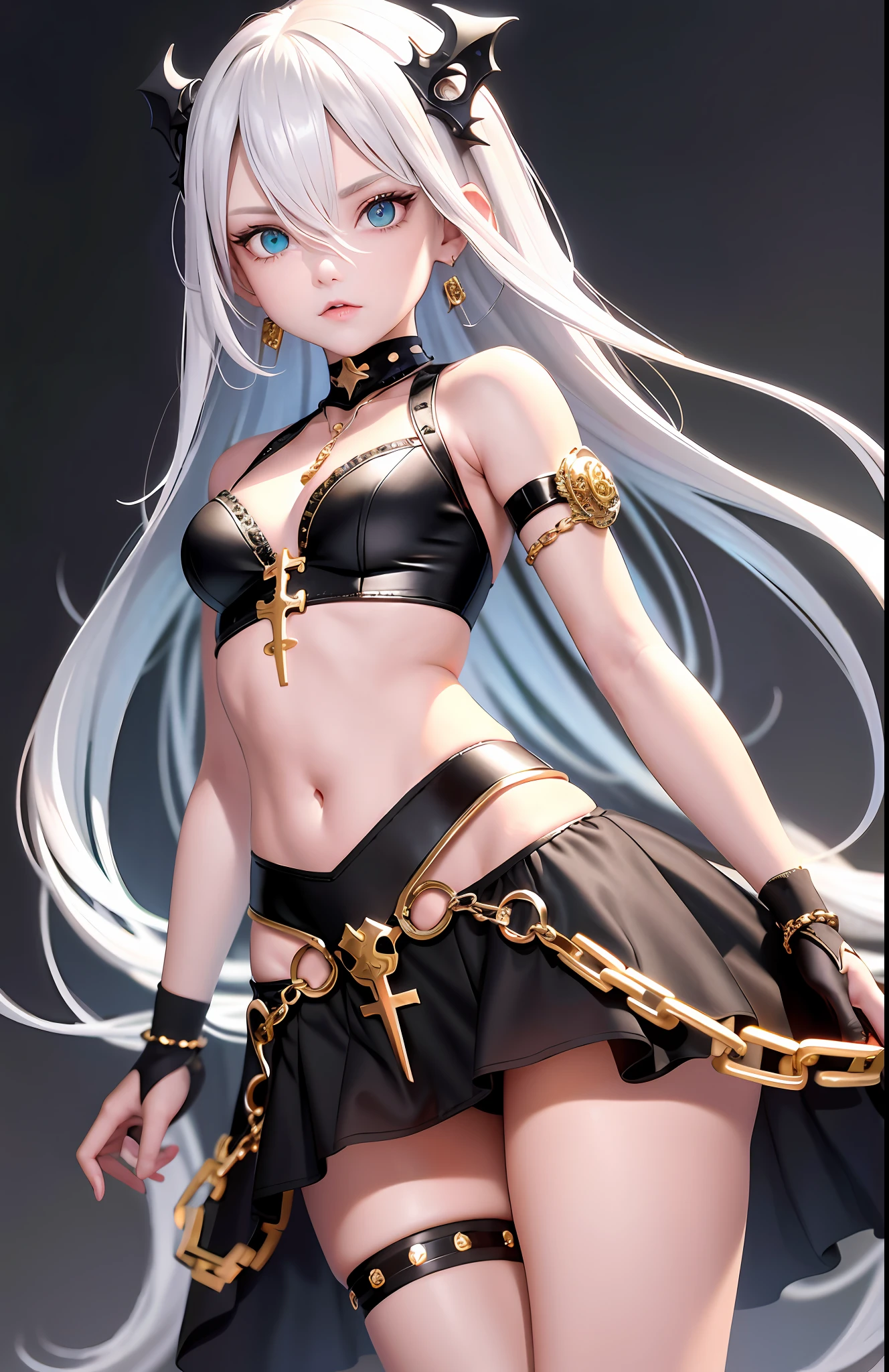 Best, Masterpiece, High Resolution, Best Quality, Ultra HD, Super Detail, Award-Standing, 16k, (Upper Body), Anatomically Correct, Action Pose, Beautiful Maiden, Cute Face, Gradient White Hair with Golden Pick, Hair, ((Heterochromia)), Long Eyelashes, Hanging Eye Corners, Fair Skin, (Small), (Slim Body), ((Gothic)), Stud Earrings, (Neck Ring), Very, Very Very Short Short Glove, (Metal Waist Chain), (Cross Decoration), (thigh leg ring), (chain),